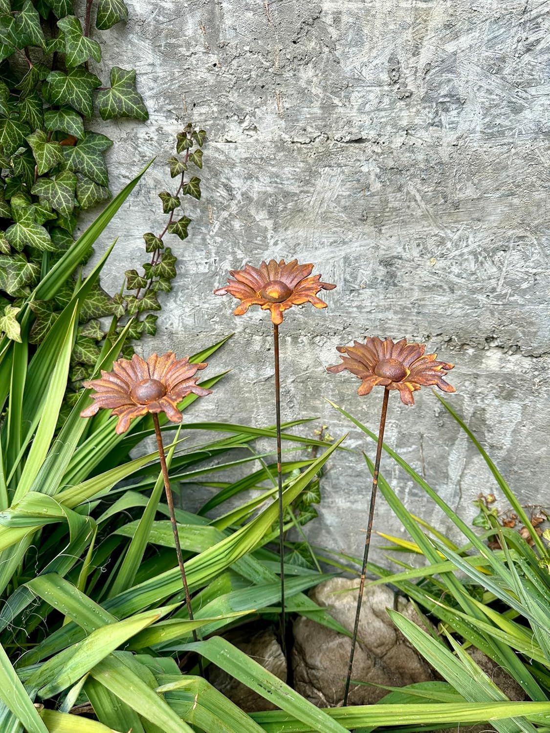 Rusty Flowers Set of 3, Metal Garden Decor, 3 Garden Stakes with Rusty Flowers, Yard Art, Rustic Weathered Metal Sculpture