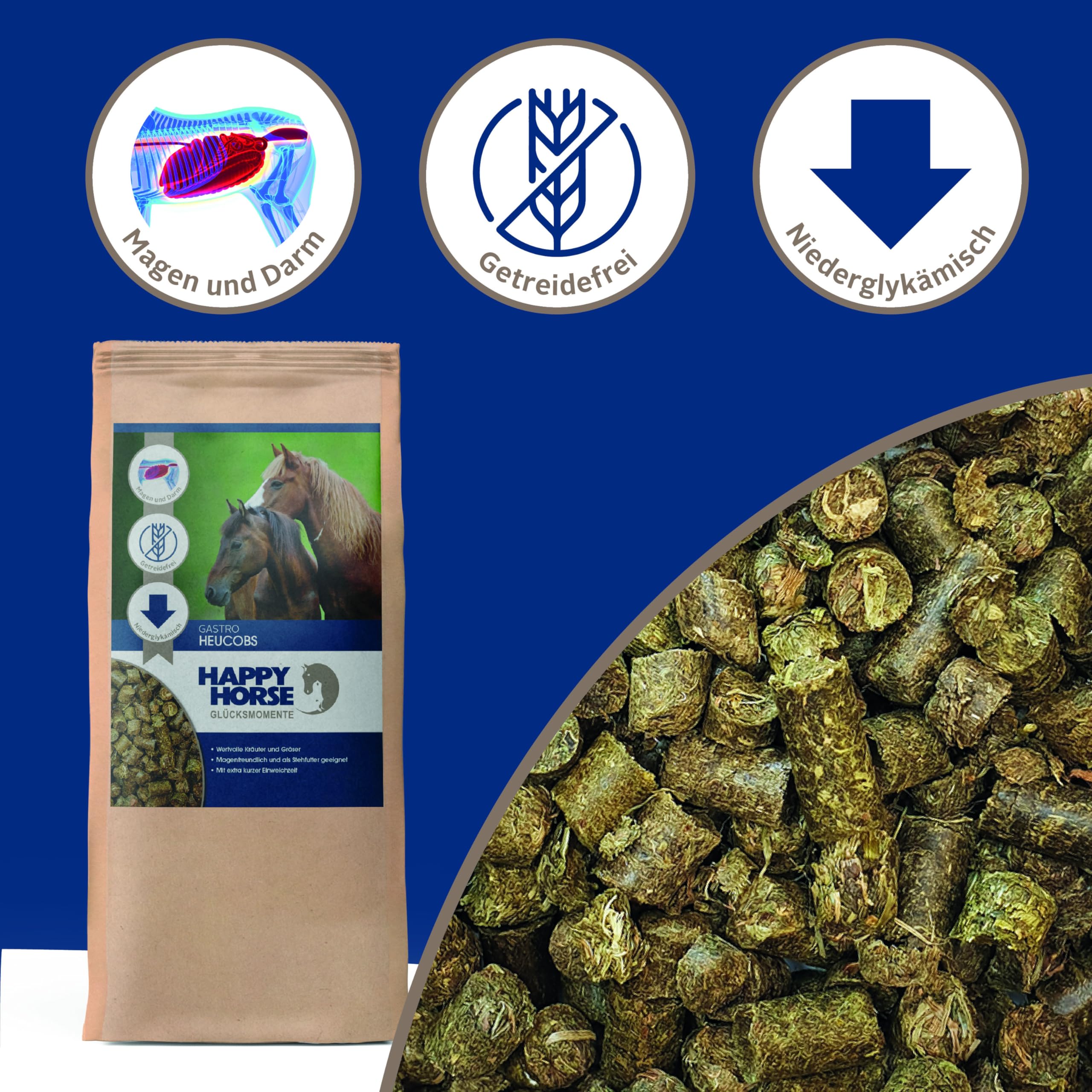 HAPPY HORSE Gastro Heucobs | 2 x 14kg | Schnell einweichende Heucobs für Pferde | Stärkearm & Melassefrei | Hochverdaulich mit Kräutern | Heucobs für ältere Pferde & bei Zahnproblemen