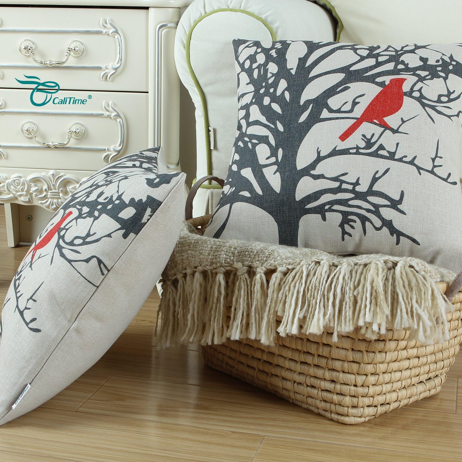 CaliTime Canvas Throw Pillow Cover Case for Couch Sofa Home Decoration Cute Bird Tree Branches Silhouette 18 X 18 Inches Classic Red Black