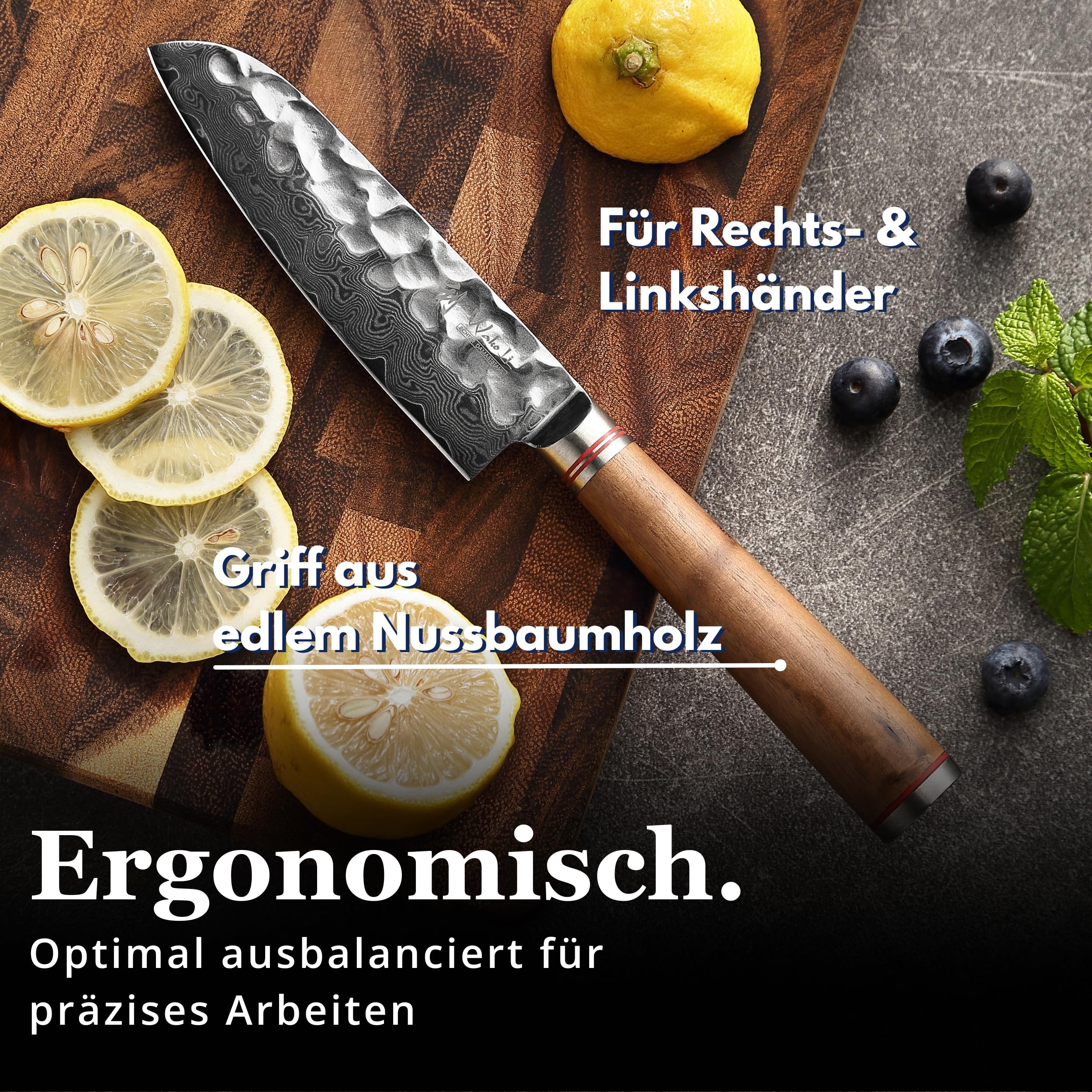 Wakoli Nussbaum Santoku mit 12 cm Klinge, 67 Lagen Damaststahl, VG10 Kern