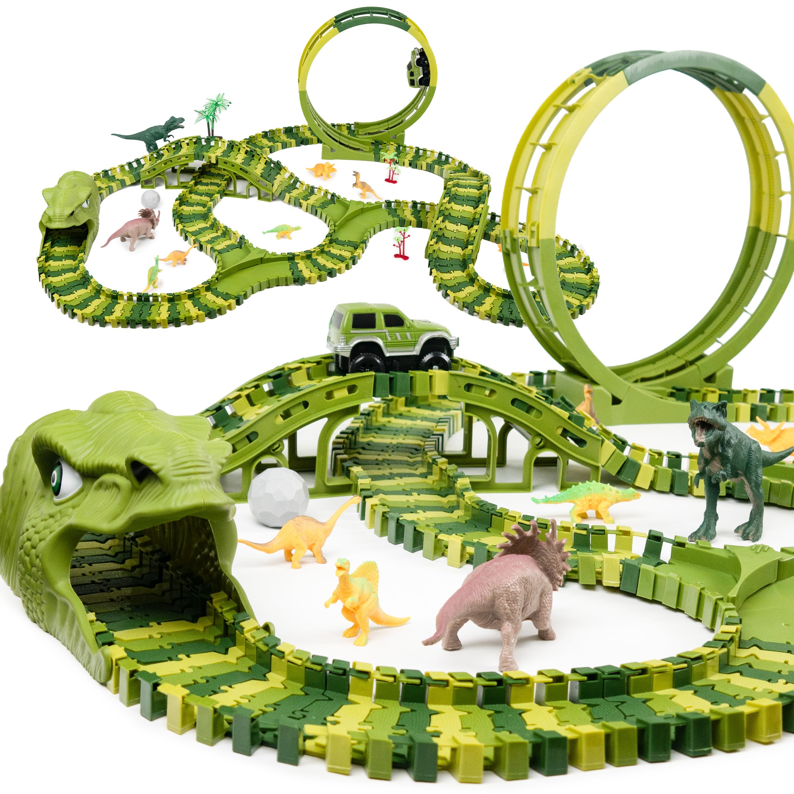 burgkidz dinosaurus racebanen speelgoed set, 387 stuks flexibele dino's treinrails met 360 loop en automatische draaitafel speelset, 2 raceauto's en 6 dinosaurus speelgoed voor kinderen vanaf 3 jaar