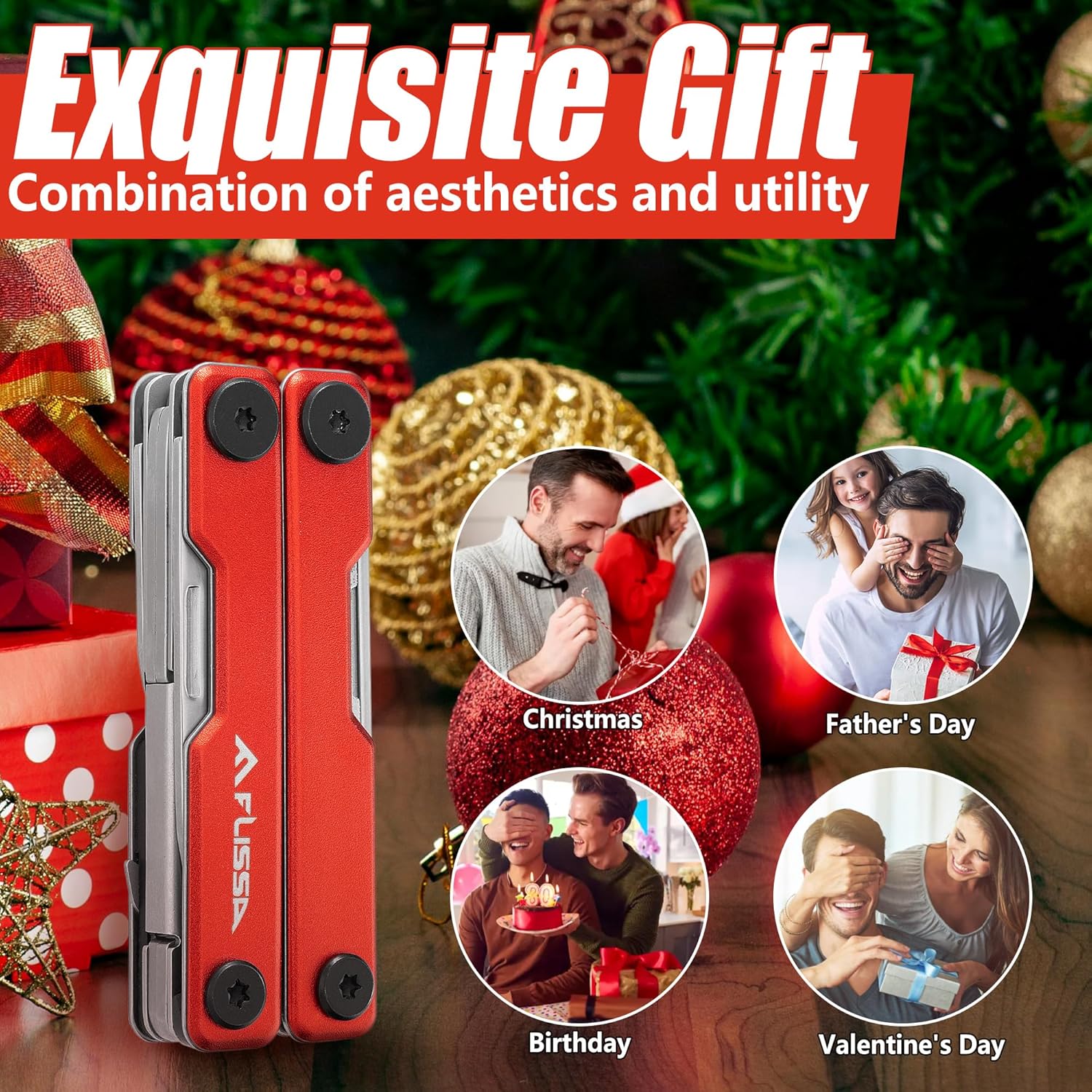 FLISSA Multitool Scissors, 11-in-1 Multi Tool Pocket Knife, Stainless Steel Mini Multitool with Bottle Opener, Screwdriver, Aluminum Handles, Spring - EDC for Outdoor, Camping, Hiking, Fishing, Red