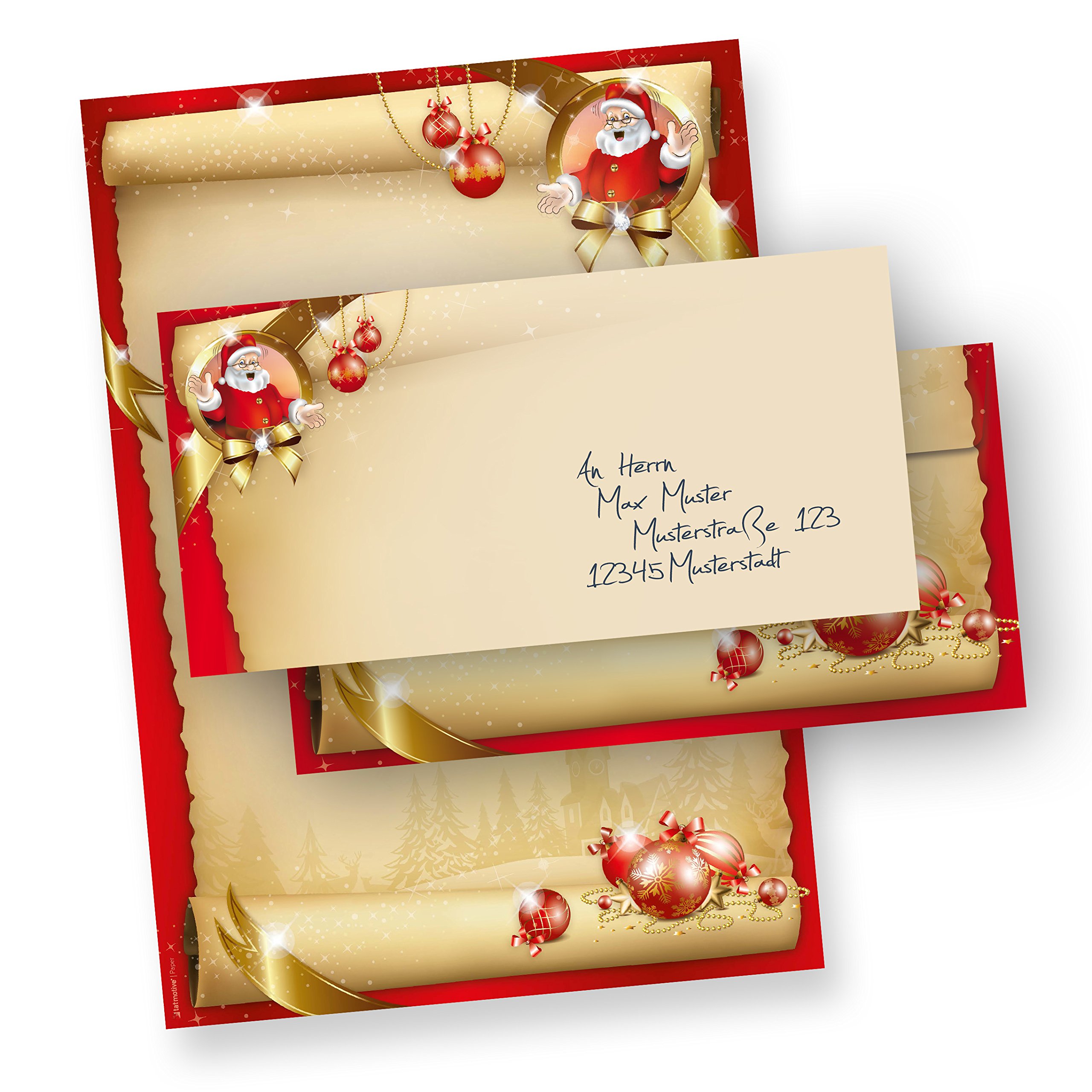 Briefpapier Weihnachten Set Santa Claus (100 Sets ohne Fenster) DIN A4 Weihnachtsbriefpapier mit Umschläge