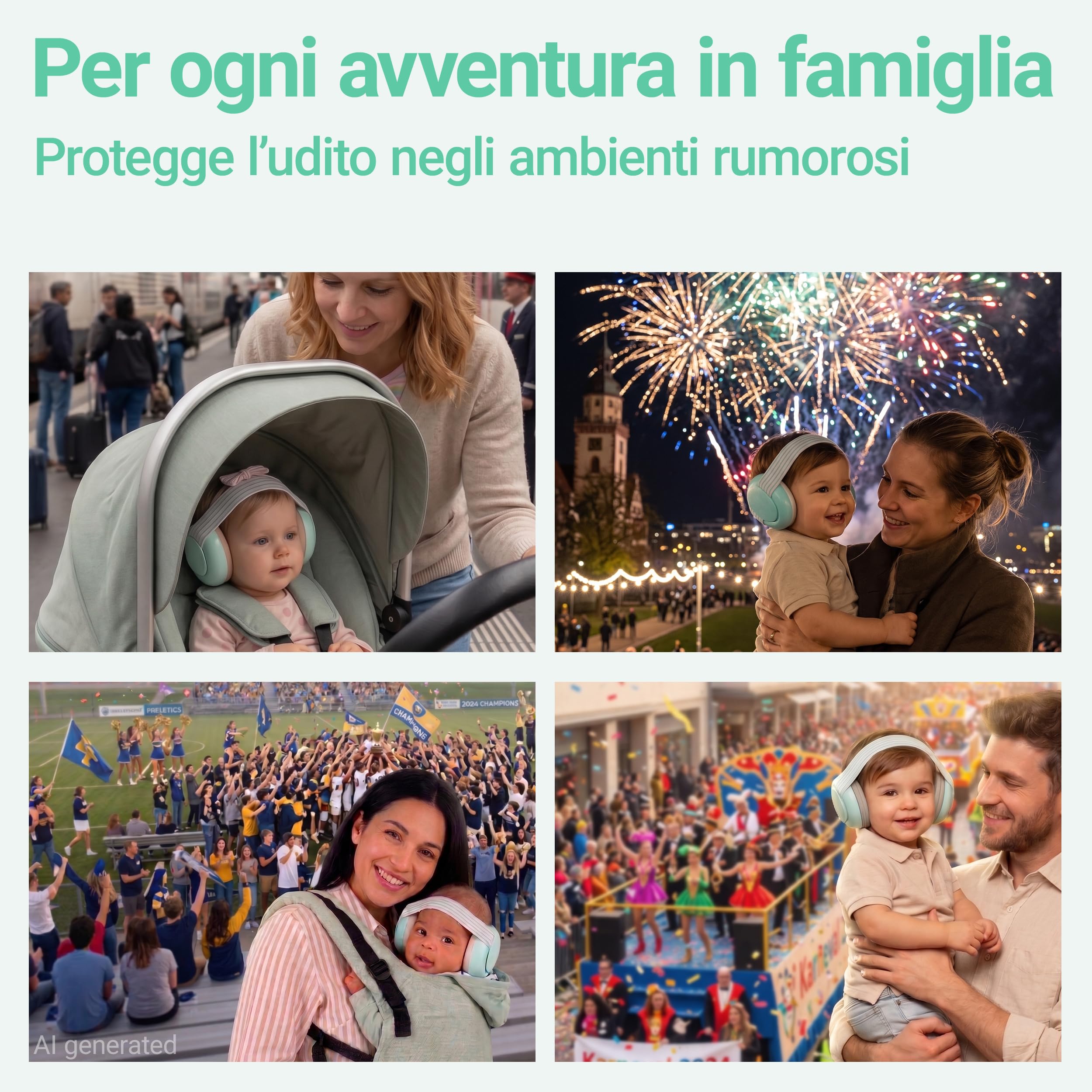 Zamboo Cuffie Antirumore Bambini da 12 Mesi - Protezione Udito Neonato Regolabile per Aereo, Concerti, Festival, Fuochi d’Artificio ed Eventi Sportivi, EN 352-1, Menta