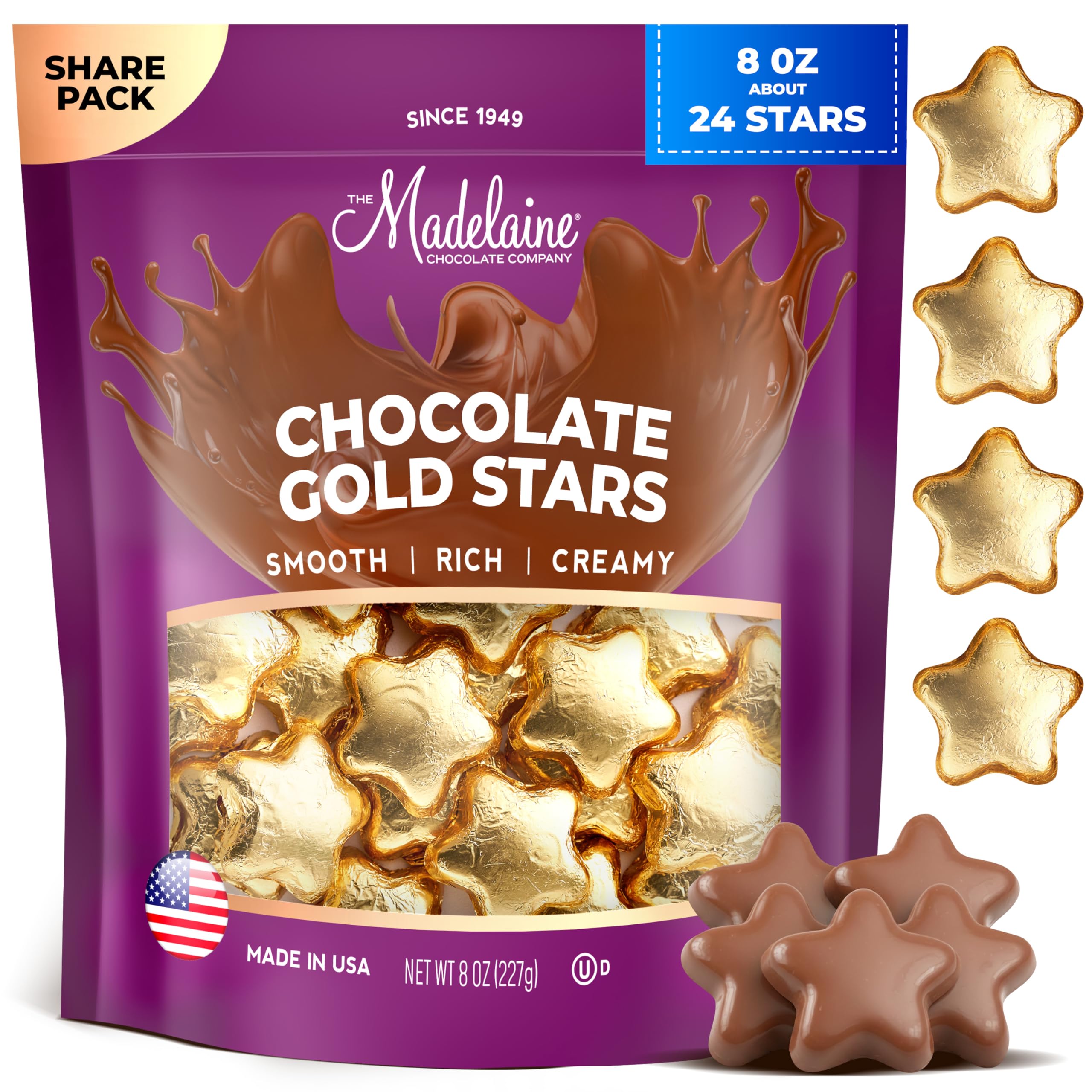 Madelaine Chocolate Gold Stars - Christmas Candy Party Favors - 24 Milk Chocolate Candy Individually Wrapped In Gold Foil for Party Decorations 8 Oz Bag