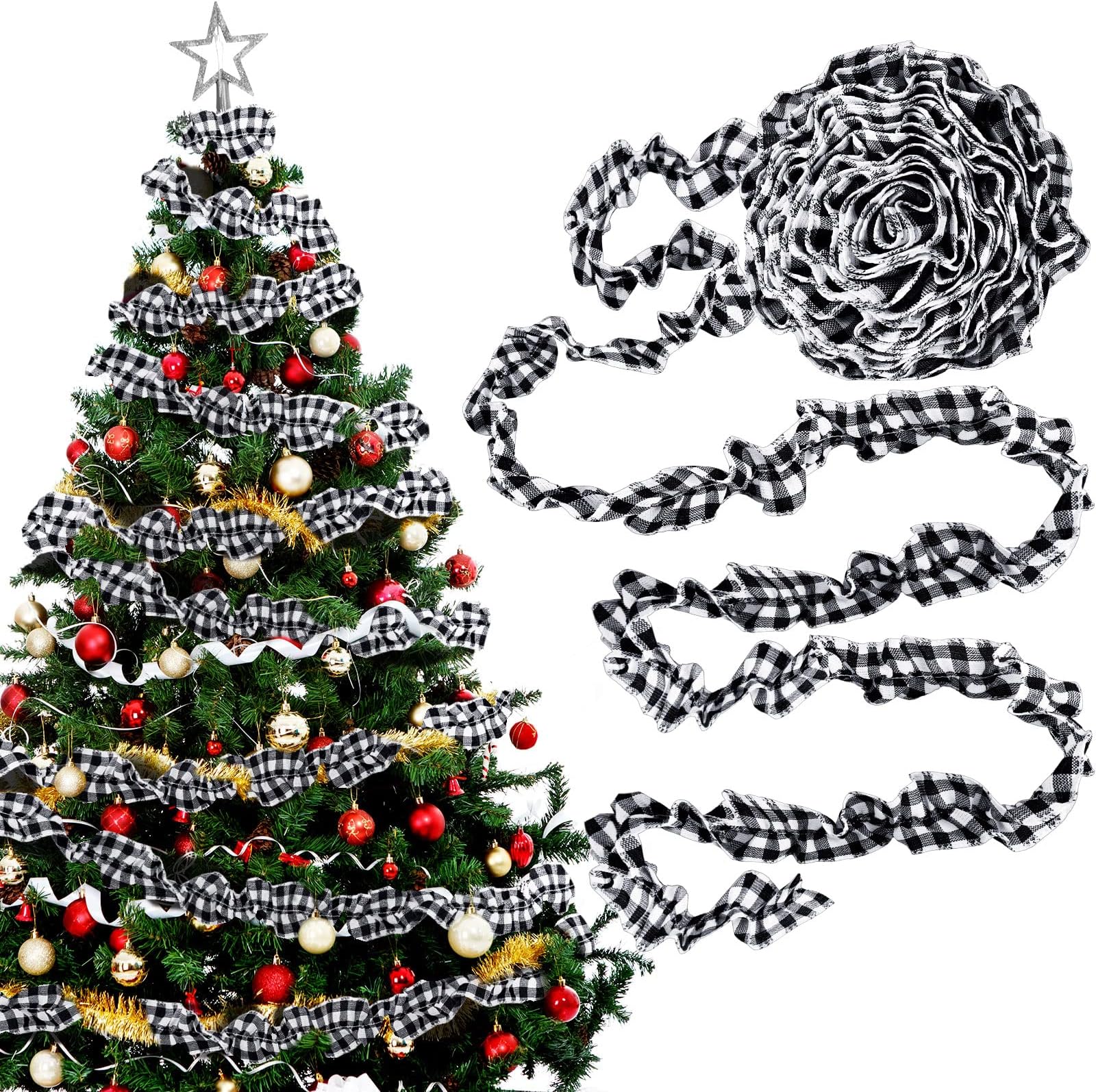 15 Yards Plaid Christmas Tree Ribbon Garland Christmas Buffalo Plaid Ribbon Ruffled Homespun Fabric Garland Xmas Tree Decor for Home Wreath Staircase Decor(White and Black)