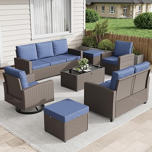 7-Piece Outdoor Patio Furniture Set, Wicker Rattan Sofa with Swivel Chairs, Ottomans, Comfy Cushions, Coffee Table, All-Weather Conversation Set for Balcony, Deck, Garden, Backyard - Brown Rattan/Blue