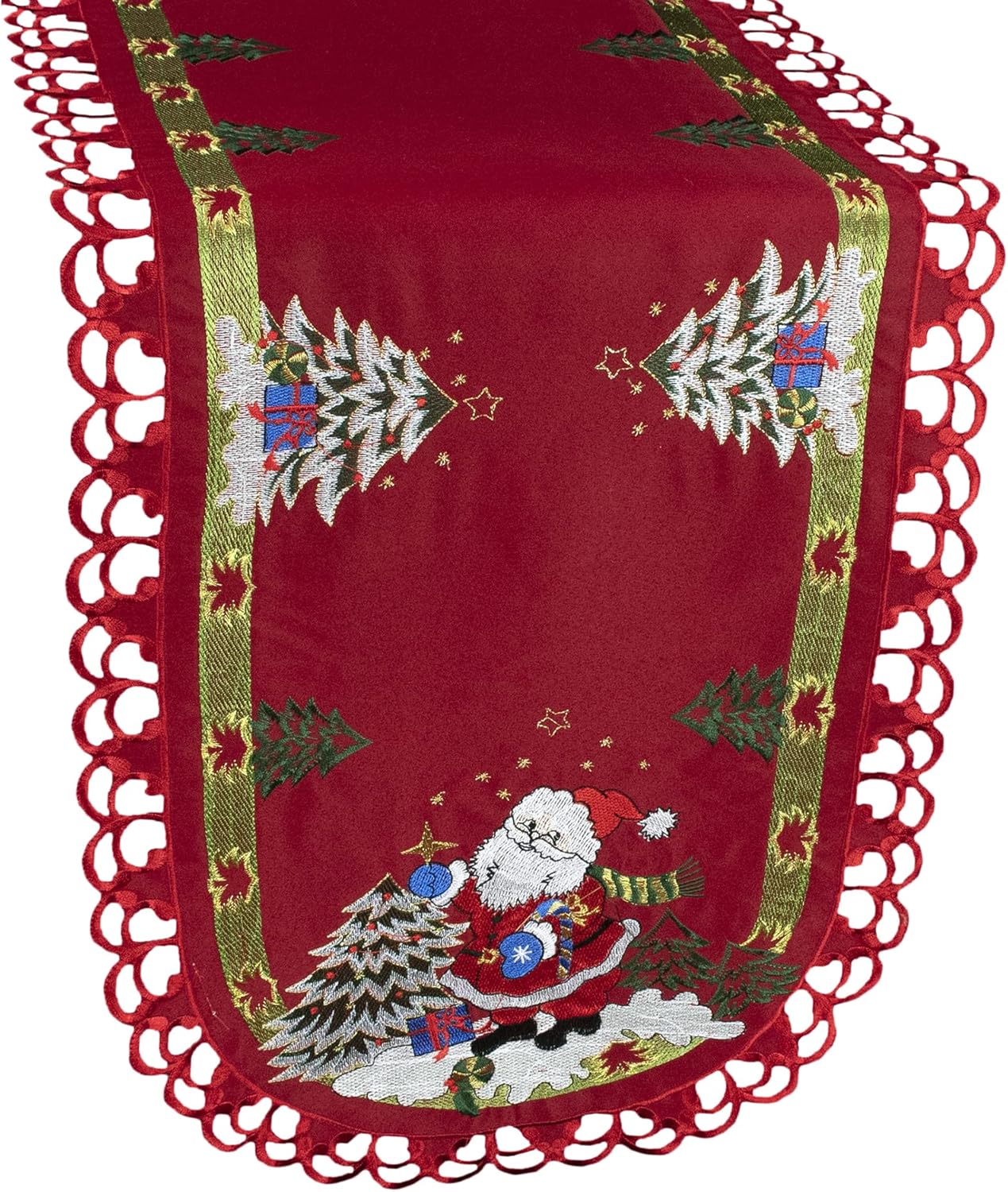 Embroidered Christmas Holiday Santa Claus and Christmas Trees 16 x 53 Inch Approx Doily Table Runner Dresser Scarf Coffee Table Runner on Red