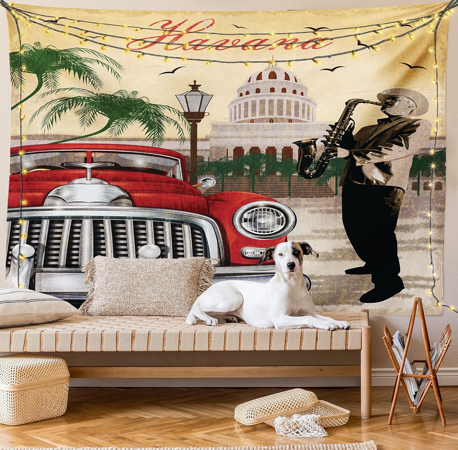 Lunarable Havana Tapestry, Saxophone Playing Gentlemen Wearing Panama Hats and Nostalgic Red Car, Fabric Wall Hanging Decor for Bedroom Living Room Dorm, 45" X 30", Sand Brown and Emerald 9 Lunarable Havana Tapestry, Saxophone Playing Gentlemen Wearing Panama Hats and Nostalgic Red Car, Fabric Wall Hanging Decor for Bedroom Living Room Dorm, 45" X 30", Sand Brown and Emerald