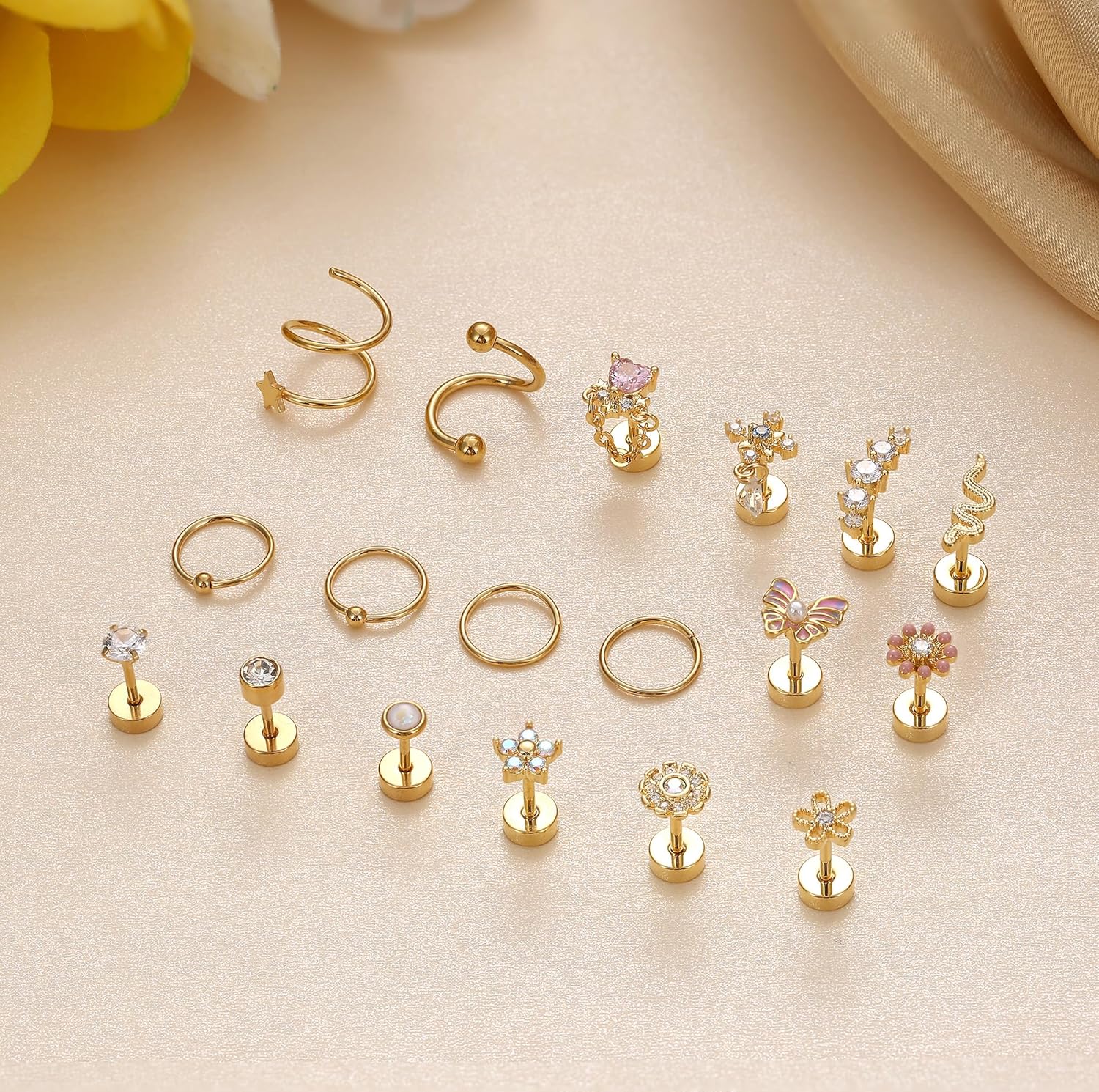 LOYALLOOK 18PCS Cartilage Earring Stud for Women Surgical Steel Flat Back Earrings Couch Hoop Piercing Opal Flower Sanke Helix Tragus Piercing CZ Cartilage Earring Piercing - Image 6