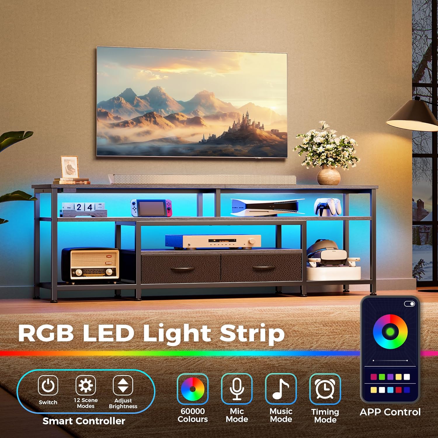 Huuger 63 Inch LED TV Stand for 65 70 Inch TV, Entertainment Center with Open Shelves and Power Outlets, TV Console for Living Room, Media Console with Drawers, Grey, 8779HC 63 Inches Grey