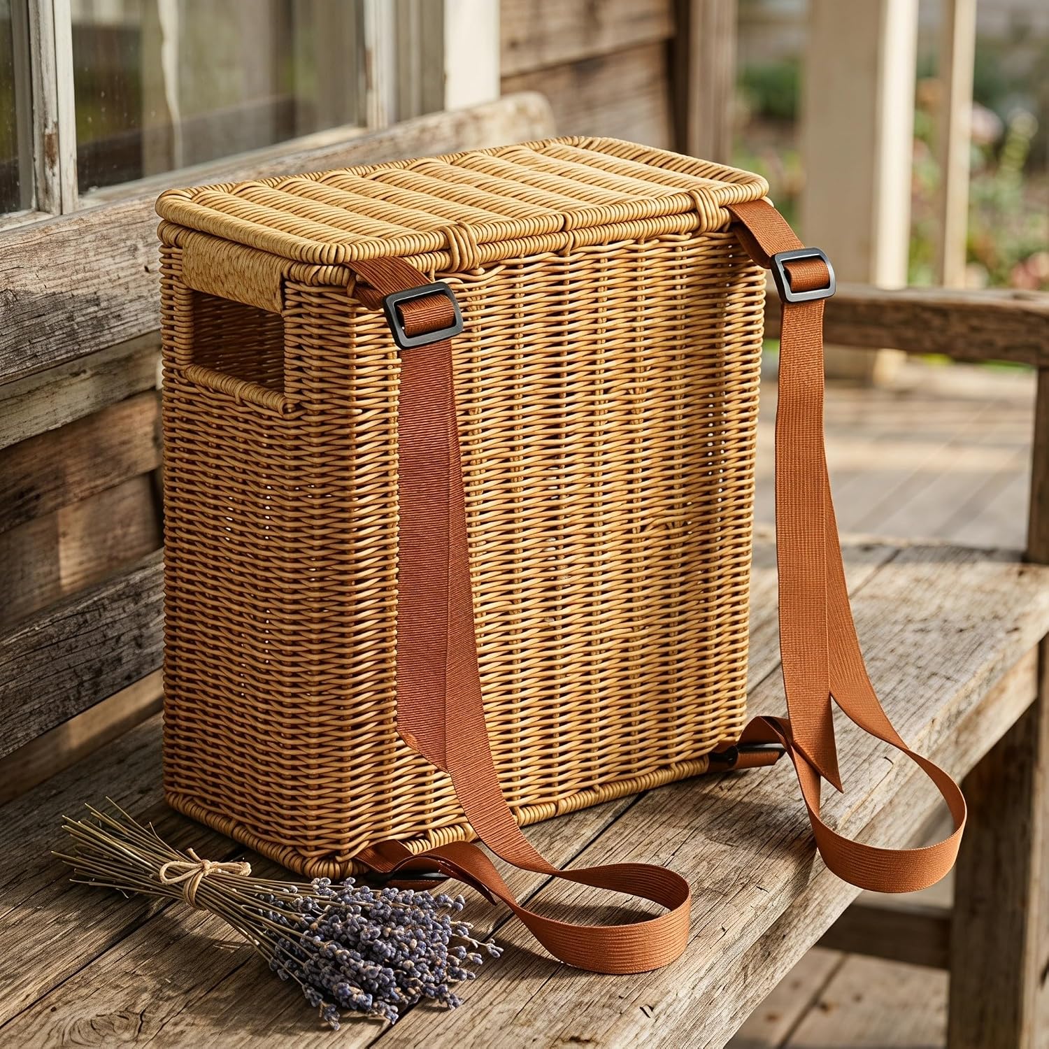 Tall Narrow Woven Rattan Basket with Lid Handles Shoulder Straps
