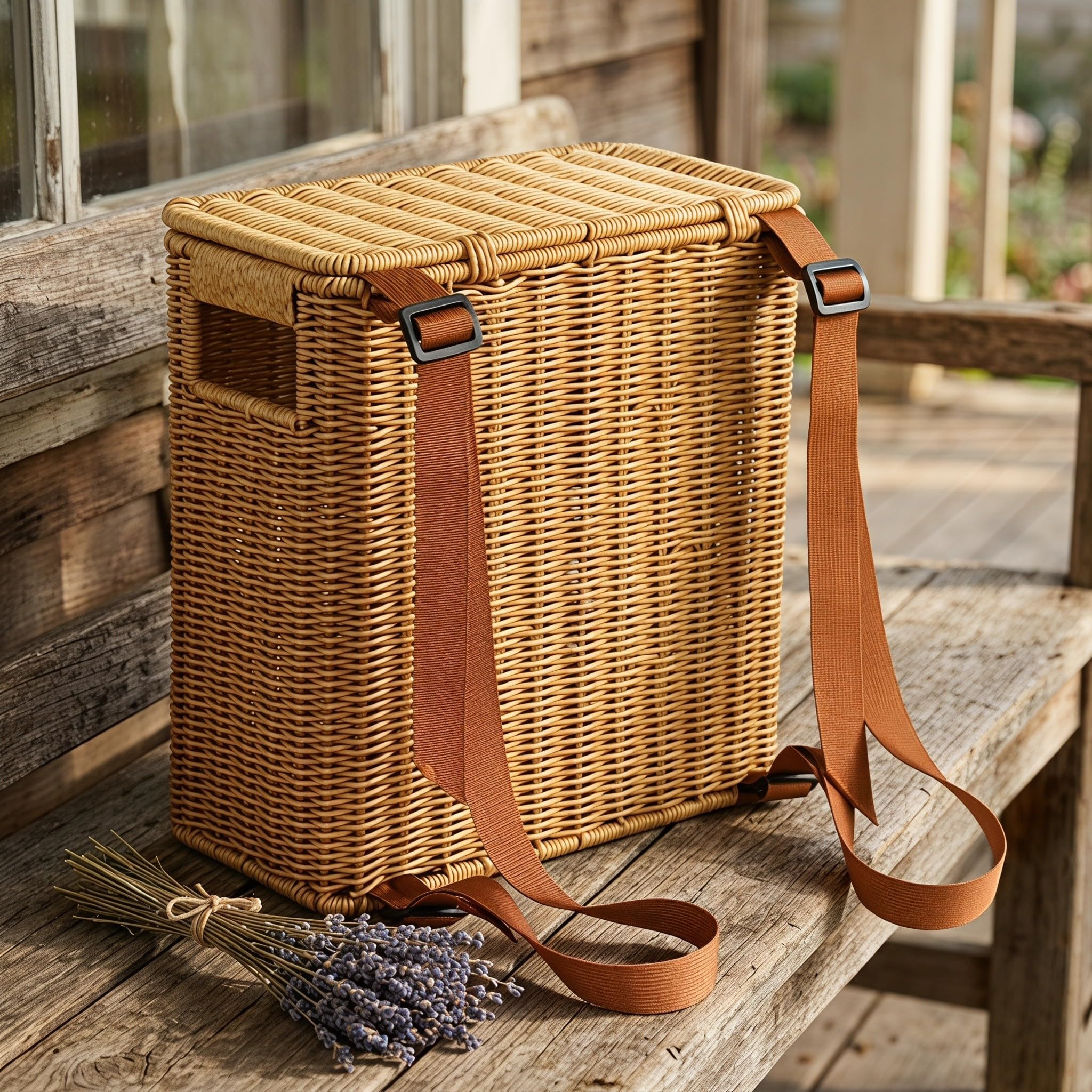 Alasum Cesta Ratán Sintético Ligera con Asas y Correas de Hombro, Diseño Alto y Estrecho con Tapa, Adecuado para Picnic y Almacenamiento en Casa