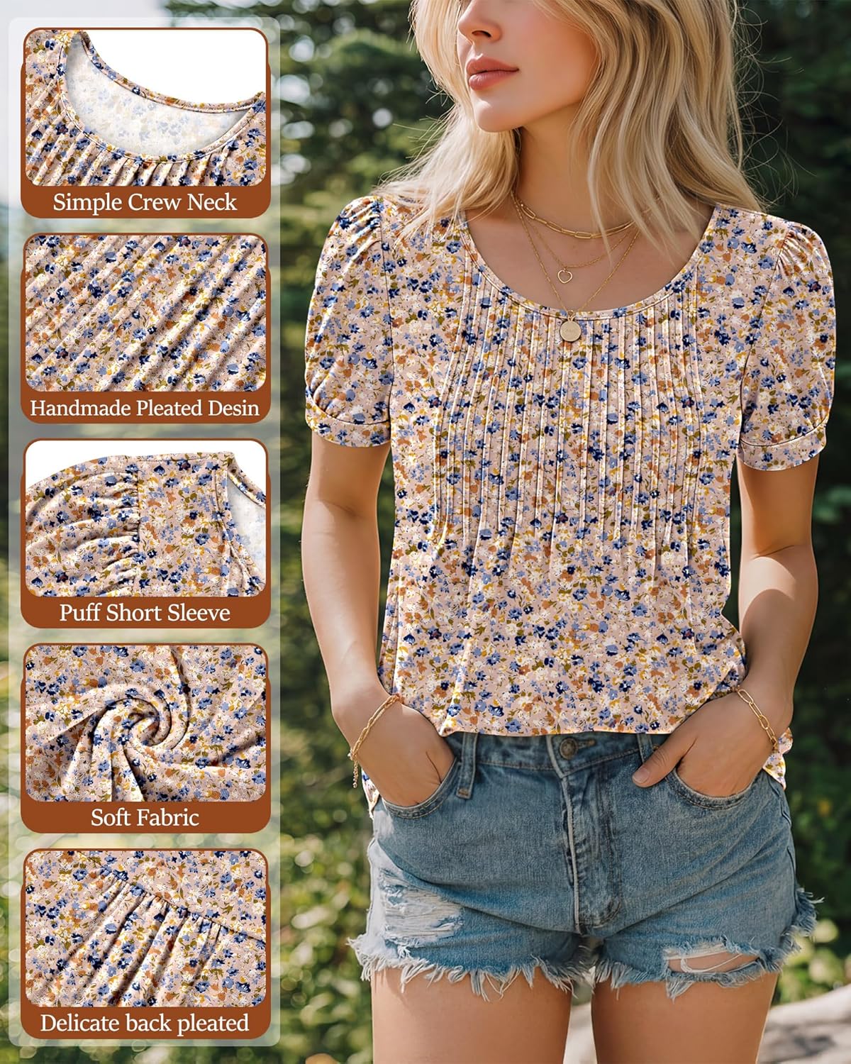 Ficerd Women's Puff Short Sleeve Tunic Tops Pleated Crew Neck Summer Blouses Dressy Casual Loose T Shirts - Image 4