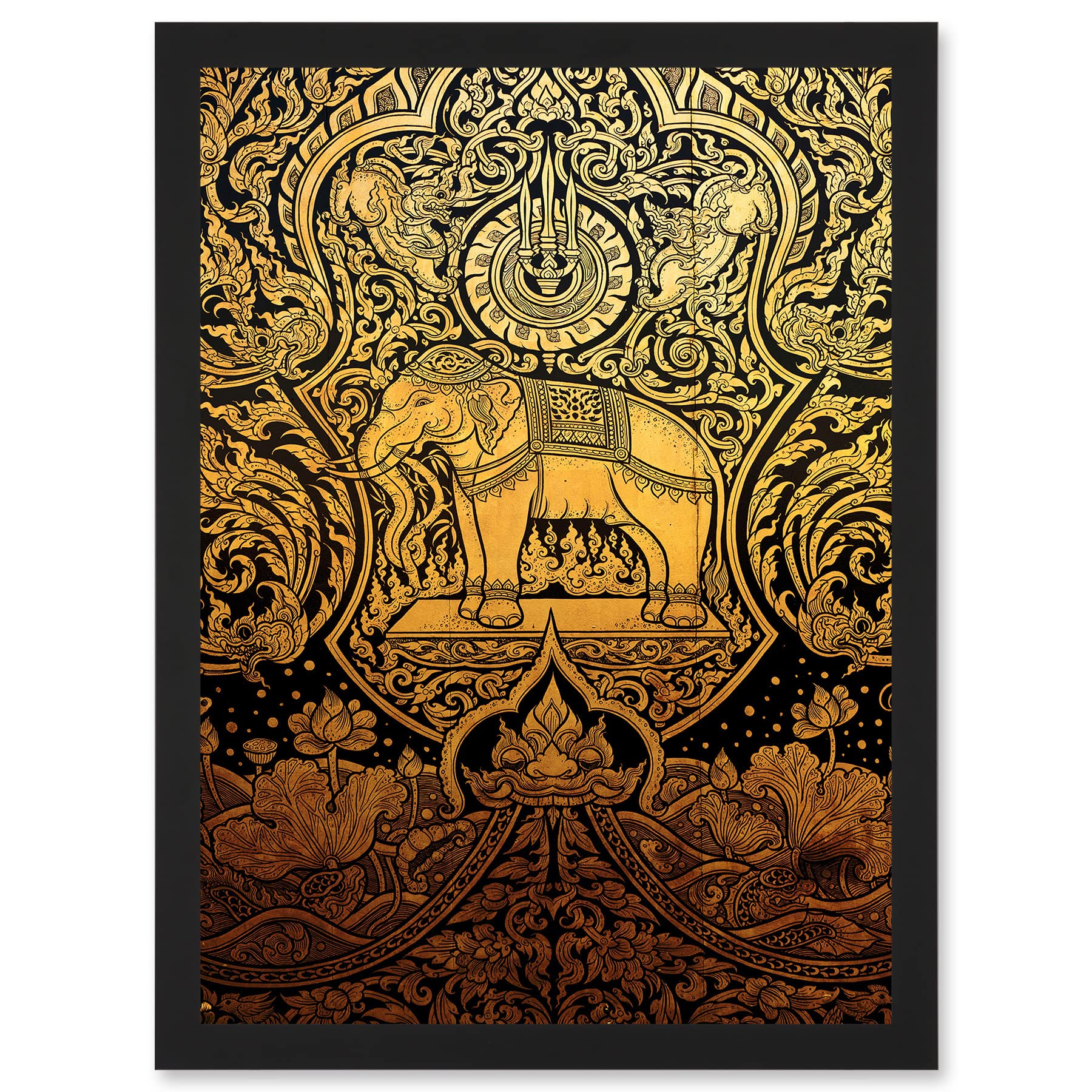 Artery8 Painting Ornate Abstract Thailand Elephant Black Gold Wall Art PrintA4 Size from B&Q