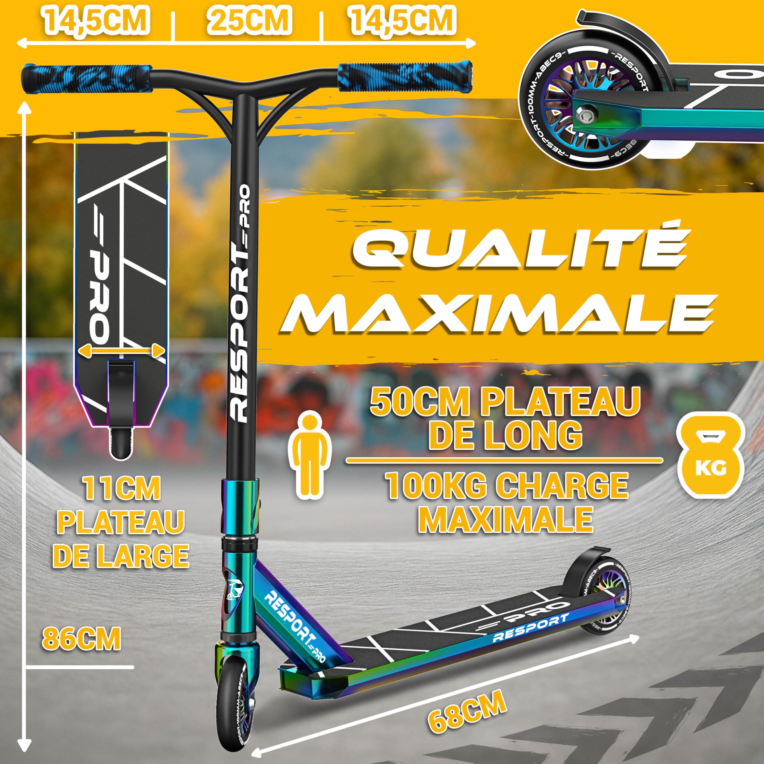 RE:SPORT Trottinette Stunt Revo Pro pour enfants et adultes, avec support, 110 mm, roues en PU et barre en Y, roulement à billes ABEC 9, trottinette cascade, trottinette cascade, trottinette freestyle