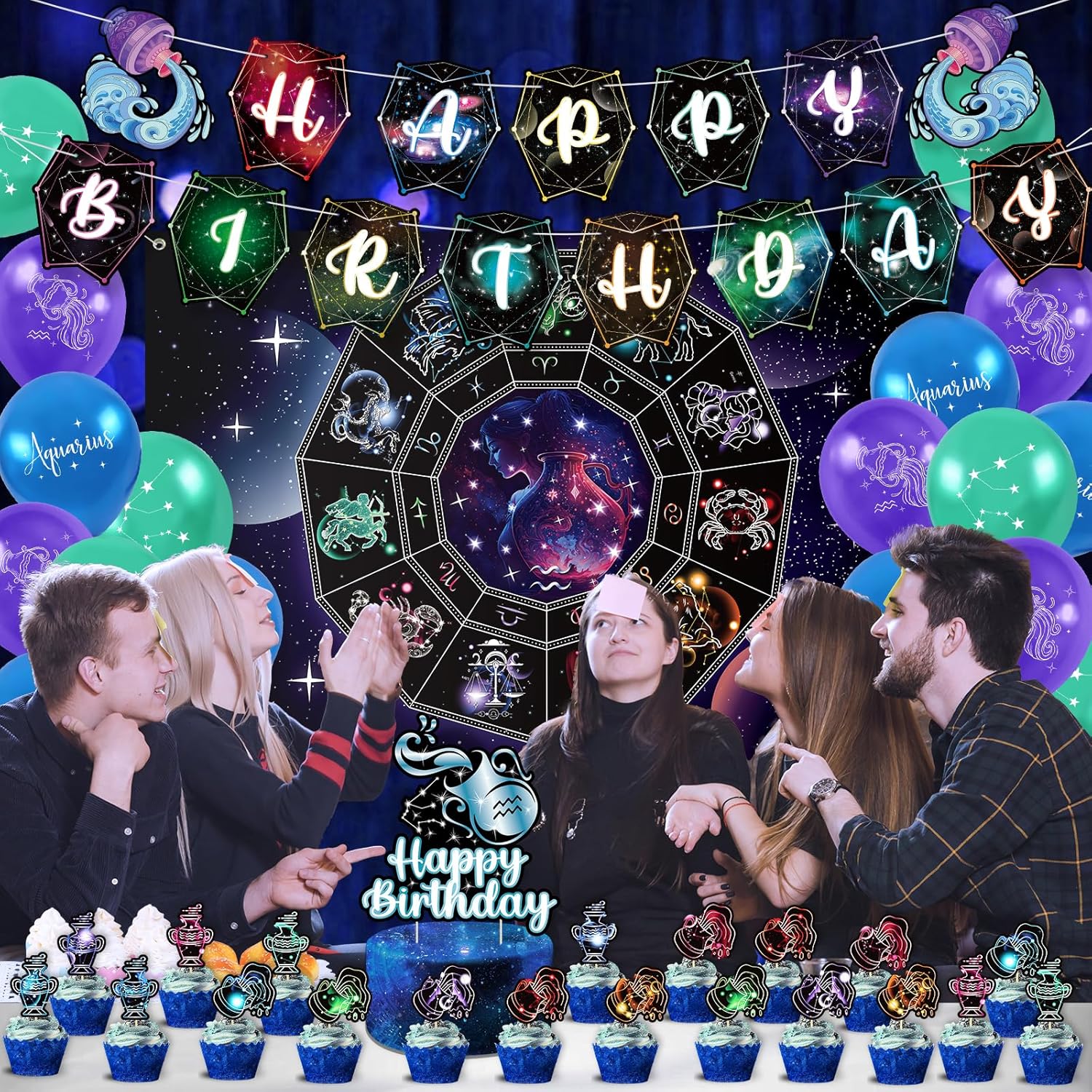 Zodiac Aquarius Party Decorations Zodiac Gifts Aquarius Backdrop Happy Birthday Banner Cake Topper Aquarius Birthday Party Decorations
