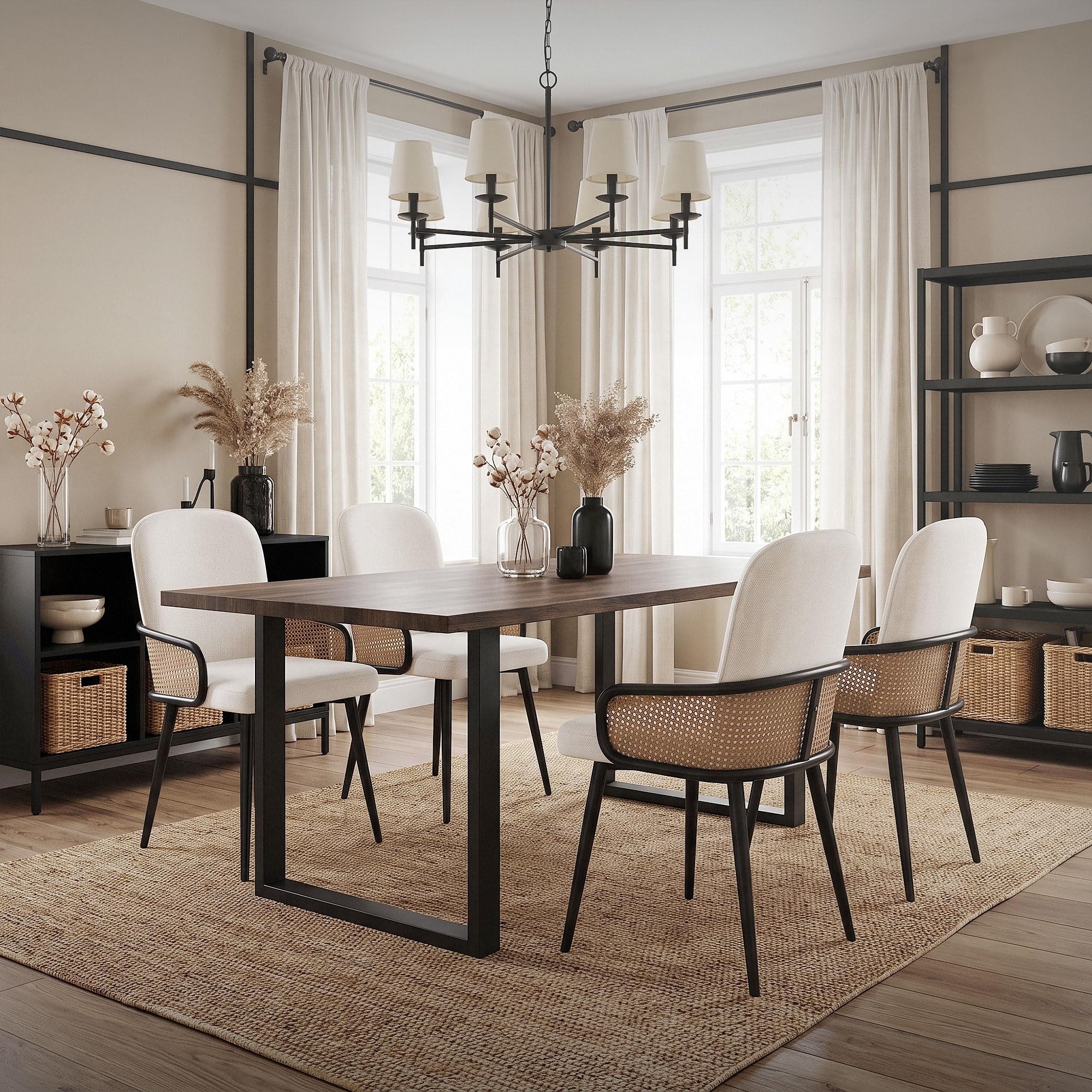 ML-Design Juego de 2X Sillas de Comedor con Funda de Tela Beige, Asiento de Salón con Respaldo, Reposabrazos con Aspecto de Ratán Mueble Tapizado con Patas de Metal, Sillón Ergonómico de Cocina
