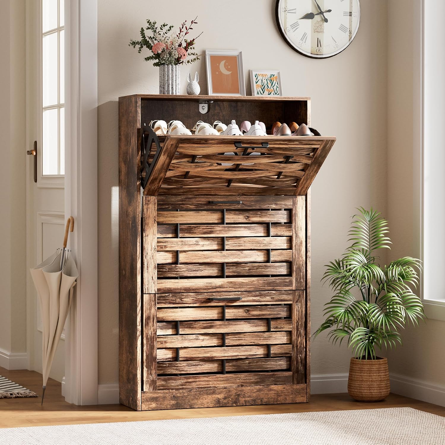 Farmhouse Shoe Cabinet Storage with 3 Flip Drawers for Entryway, Slim Shoe Rack Cabinet with Woven Design Drawers, Narrow Shoe Organizer for Hallway, Apartment, Rustic Brown