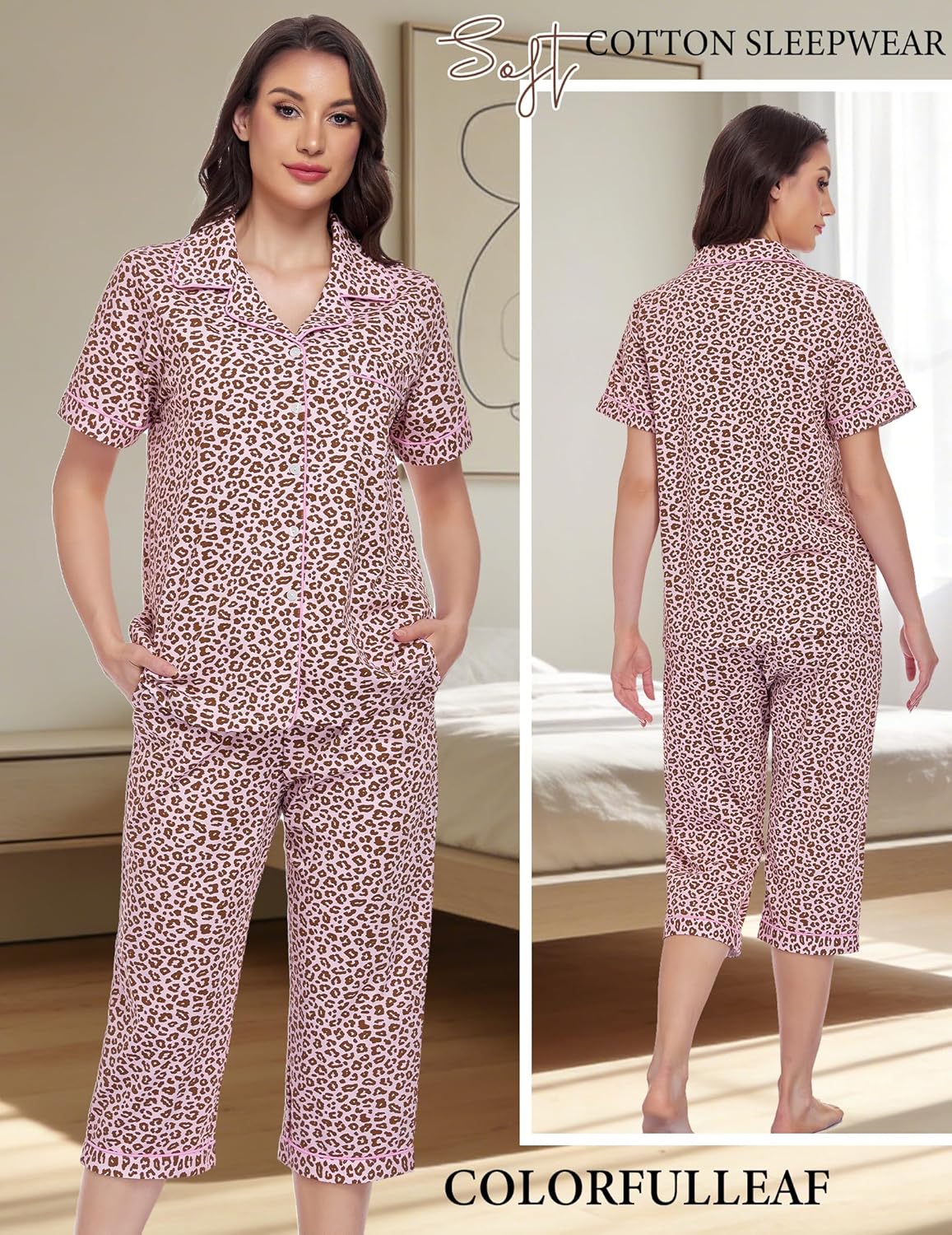 COLORFULLEAF 100% Cotton Women's Pajama Sets Short Sleeve Capri Pajamas for Women Set Button Down Pjs Soft Sleepwear Summer - Image 4
