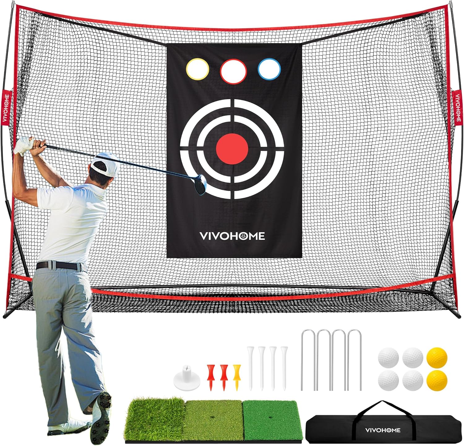 VIVOHOME 10 x 7ft Golf Net for Hitting, Chipping, Driving Training, Heavy Duty Golf Practice Net for Indoor, Backyard, Garage, with Mat, Target Cloth, 8 Tees, 6 Balls, Carry Bag
