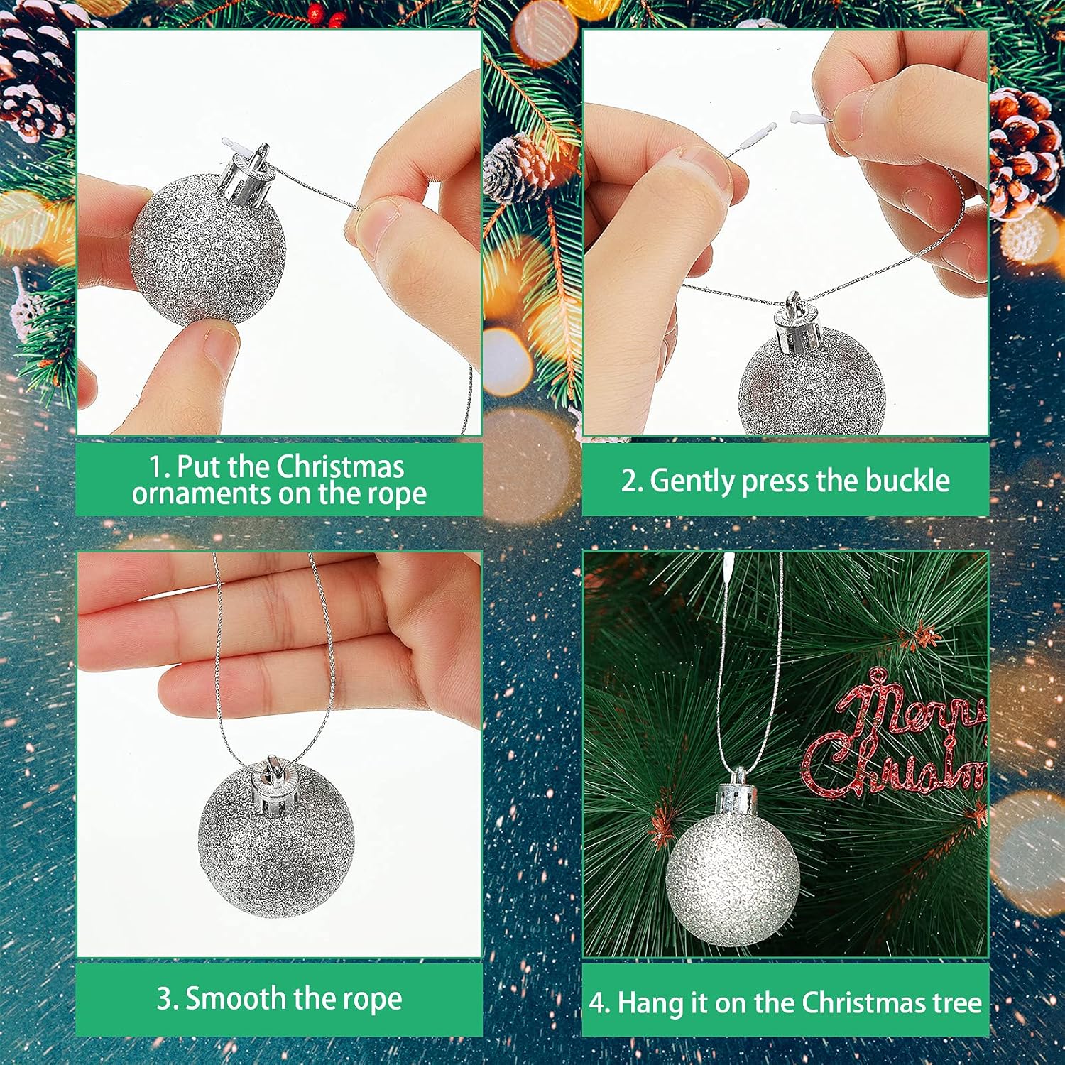 Nuanchu 400 Pcs Christmas Ornament Hangers Precut Cord String for Ornaments Ornament Hooks with Snap Fastener Polyester Hanging Ropes for Christmas Holiday Party Decorations (Gold Red Green Silver)