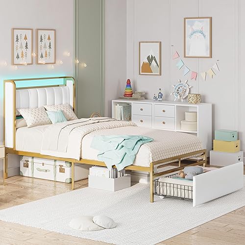 Miniatura 7 de LIKIMIO Base de cama de tamaño individual con reposabrazos, cabecera y luz RGB, plataforma de cama tapizada de tamaño individual con cajones, no