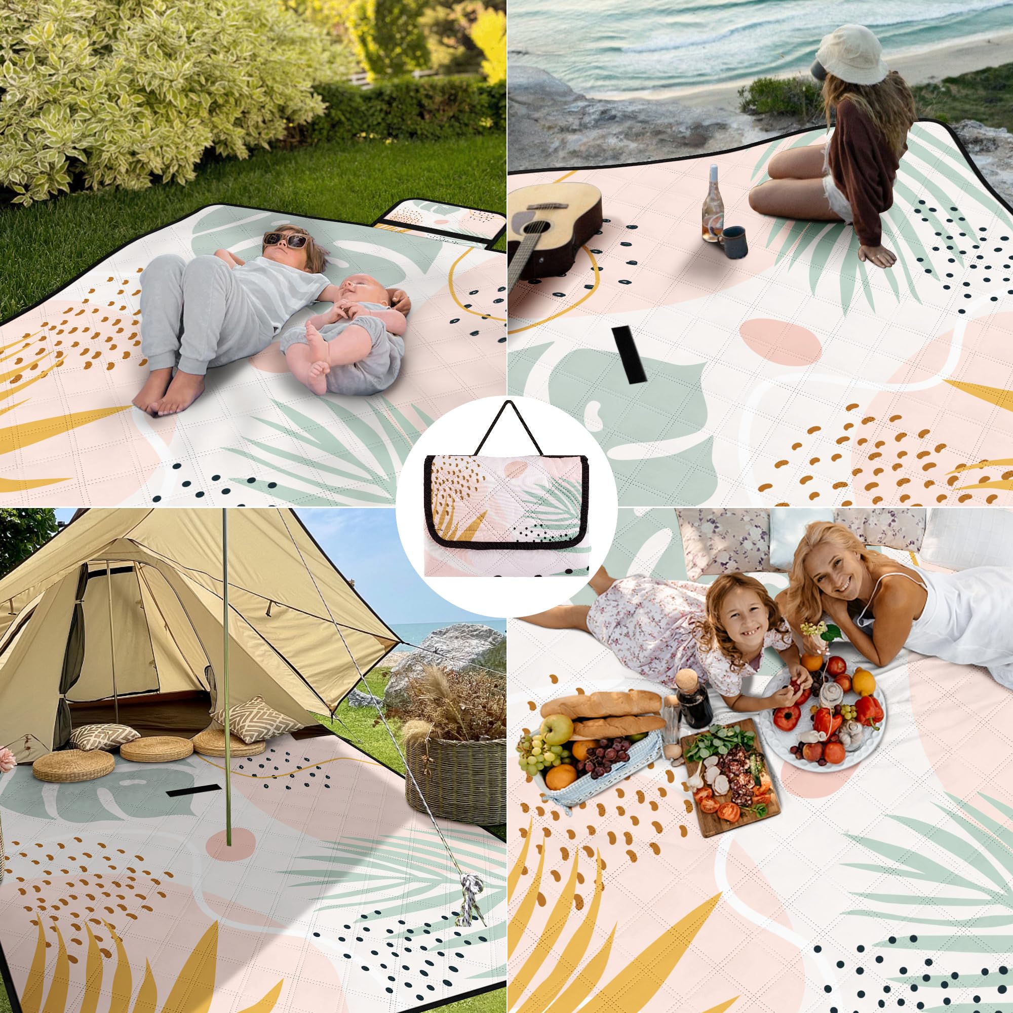 Jopee Picknickdecke Sandfrei, 200 x 200cm Wasserdicht Stranddecke für 4-6 Personen, Leicht und Tragbar Campingdecke mit Tragegriff, Faltbare Strandmatte für Wandern, Reisen, Outdoor - Blätter