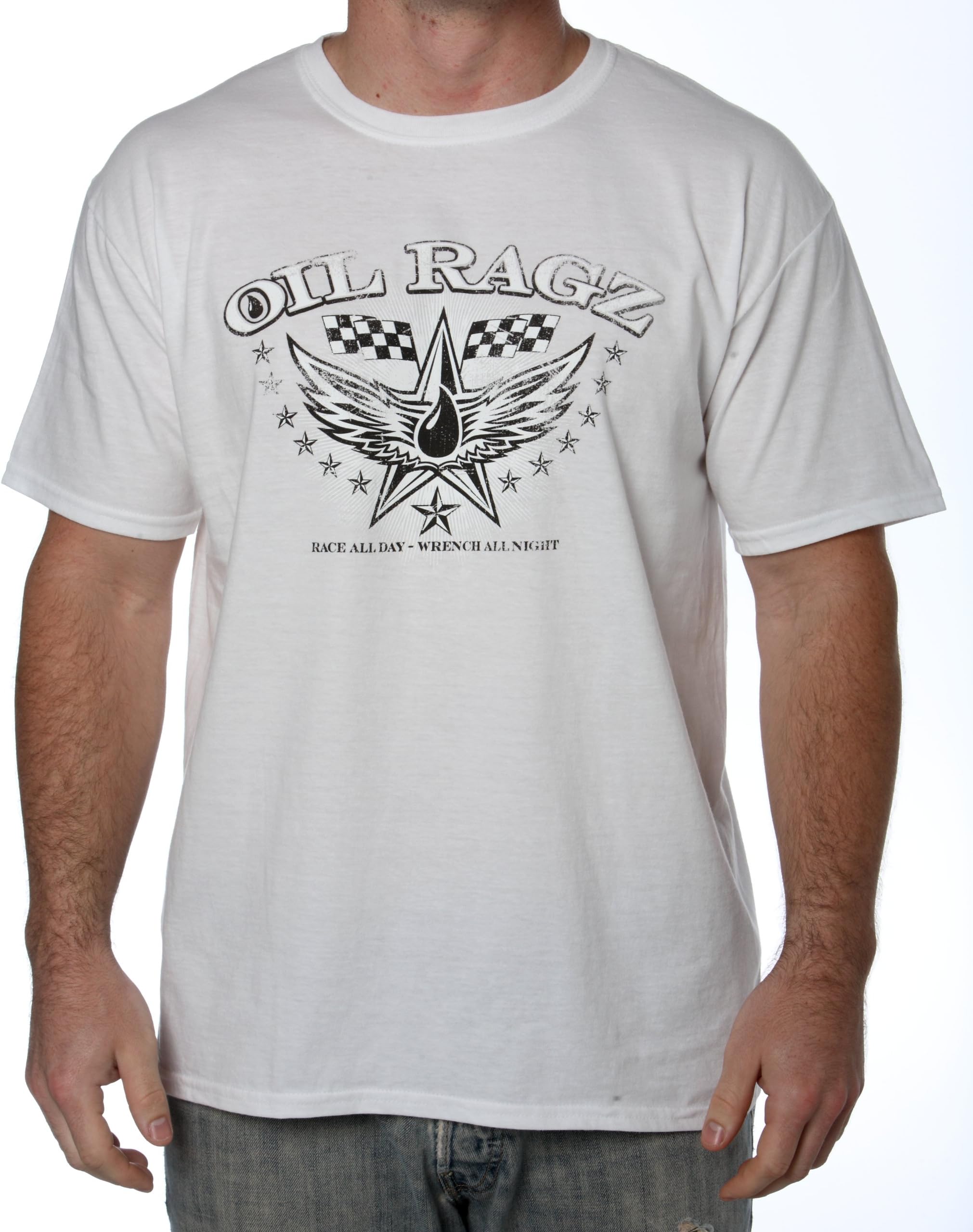M1-72-WHT-MD White Medium Men's Racing Wings Short Sleeve T-Shirt