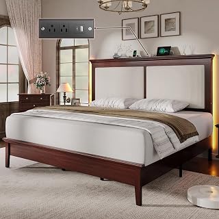 Lifezone King Bed Frame with Headboard, Solid Wood Bed Frame King Size with Charging Station & RGB LED, Wood Slats Support, Noise-Free, Sturdy Structure, Easy Assembly, Mahogany - Amazon product rated Grade A