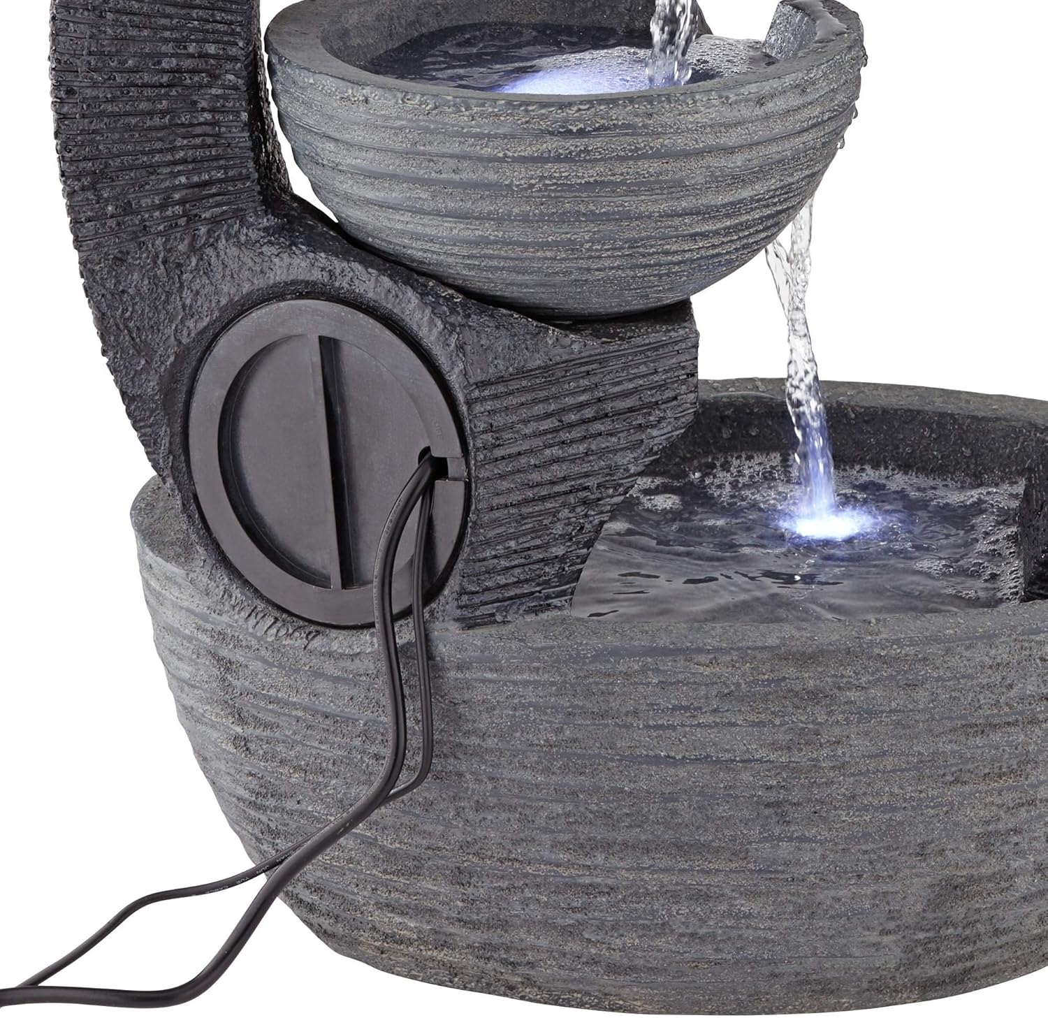Three Cup 31 1/2" High Large Modern Indoor Outdoor Decor Gray Faux Stone Floor Fountain with Light LED Waterfall Cascading Water Feature for Outside Garden Patio Yard Backyard - John Timberland