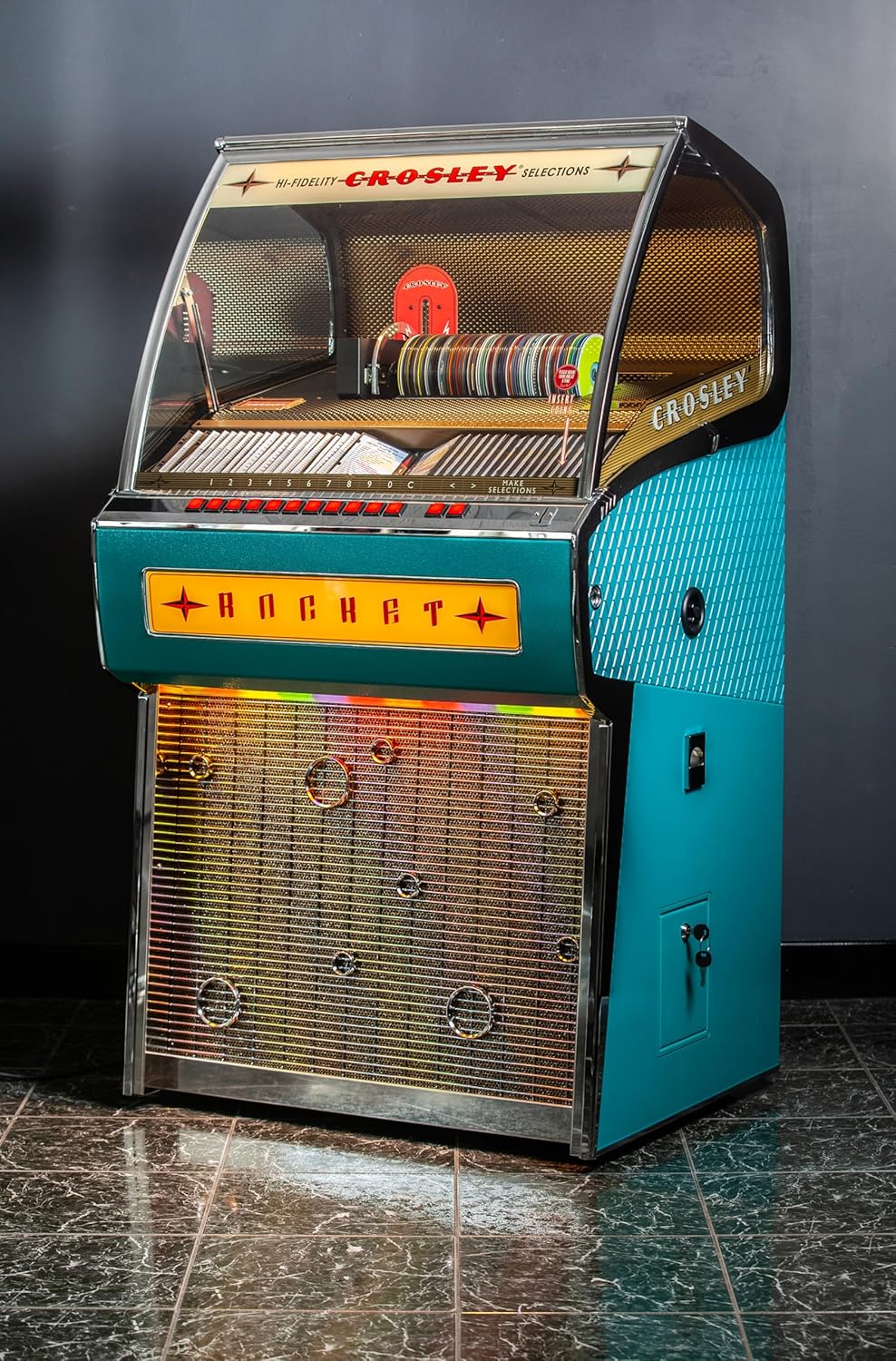 Crosley CR1207C-TQ Rocket Full Size CD Jukebox with Bluetooth - Holds 80 CDs, Turquoise