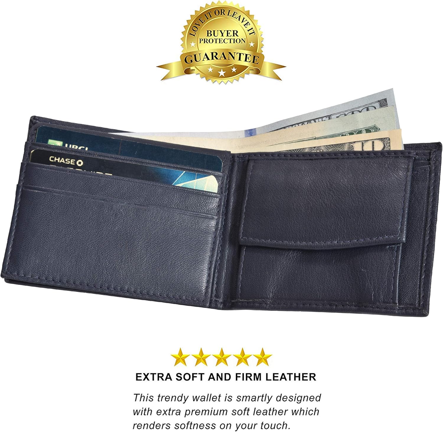 Leatherboss Leather Boys Slim Compact Flap Id Coin Pocket Bifold Wallet with debit credit card holder, Blue - Image 2