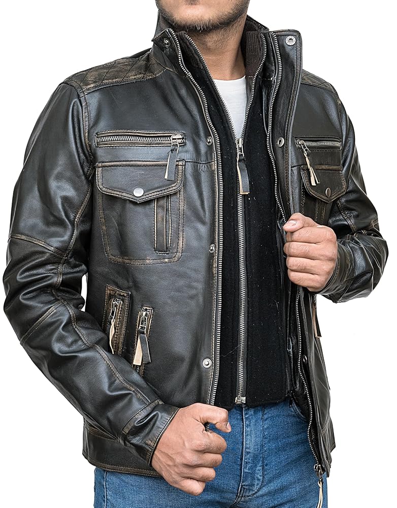 SHAZMEEN Men's Motorcycle Biker Slim Fit Vintage Distressed Brown