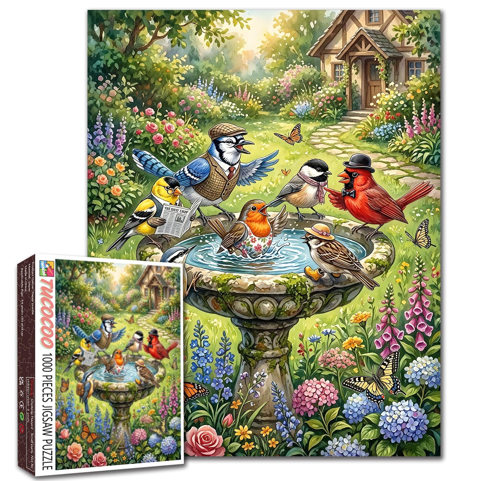 Whimsical Birds 1000 Piece Puzzle for Adults Cute Animals Jigsaw Puzzle 19.7 x 27.6 Inches Colorful Garden Flowers Nature Art Puzzles Fun Challenge Family Game Gift for Adults and Teens Home Decor — image 1
