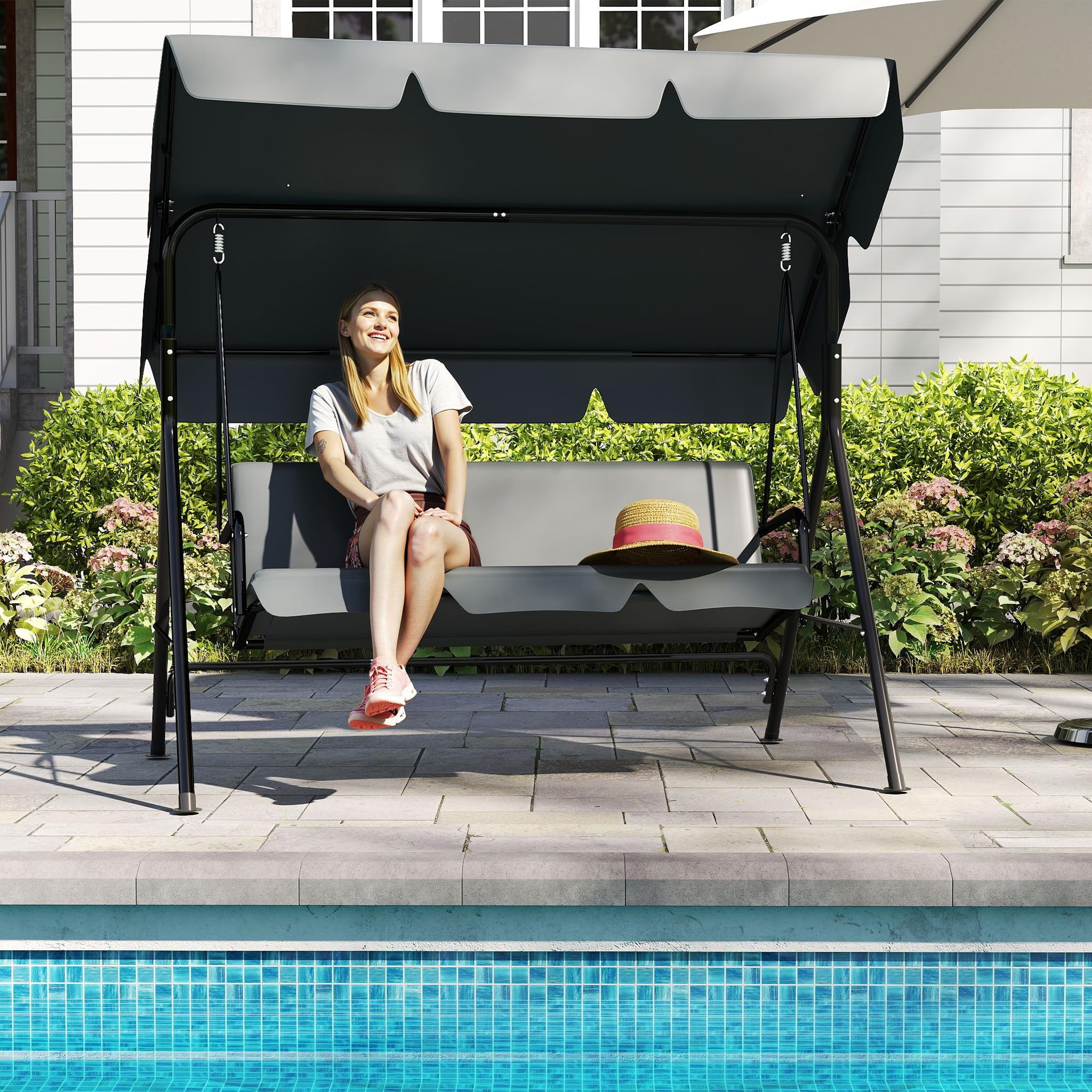 Aufun Hollywoodschaukel 3-Sitzer, Familienzeit mit Leichtigkeit, Gartenschaukel mit verstellbarem Sonnendach & Gestell & Gepolsterte Sitzauflage, Belastbar bis 200 kg (176 x 110 x 152 cm, Anthrazit)