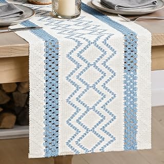 Artoid Mode Sky Blue Stripe Diamond Woven Table Runner 12x72 Inch