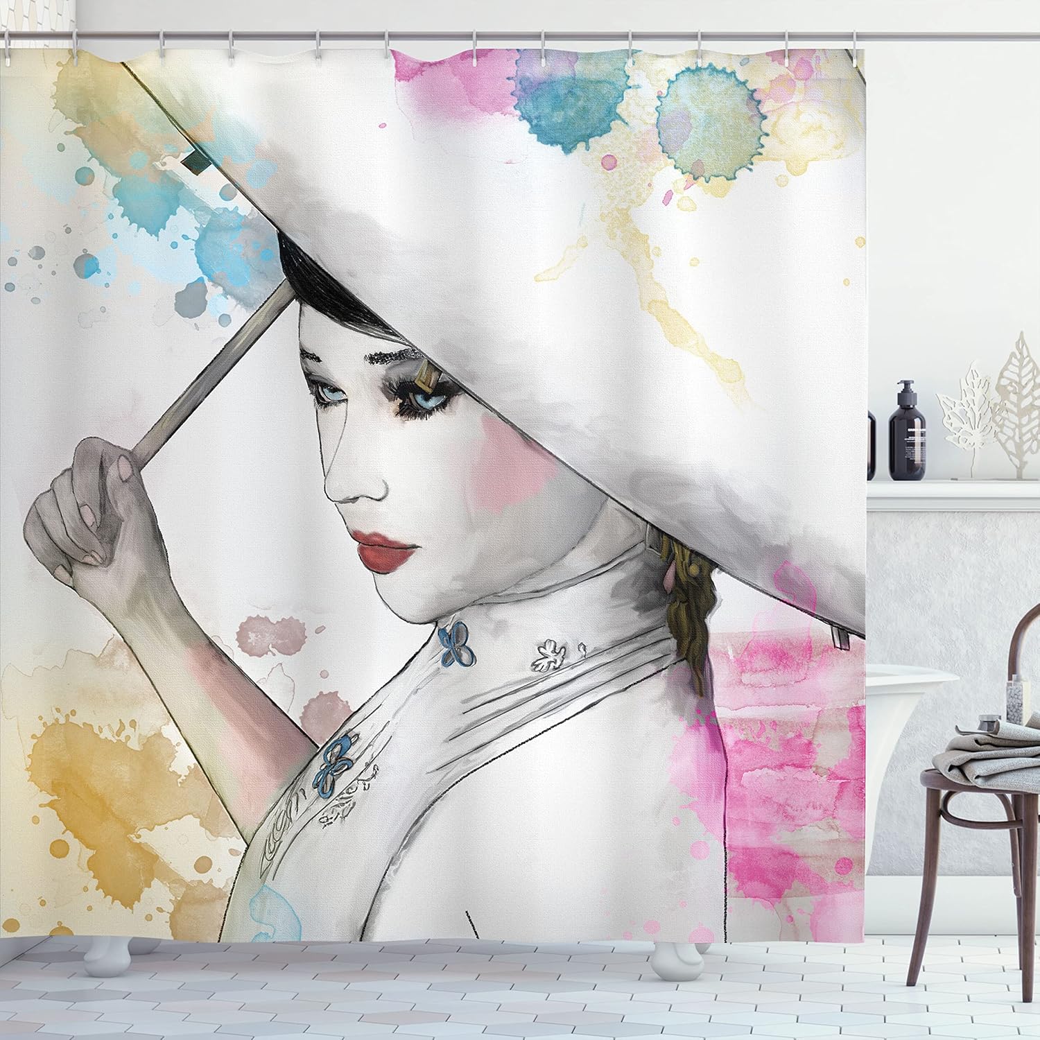 Ambesonne East Shower Curtain, Eastern Woman Girl with Oriental Umbrella Drawing with Watercolor and Brushstrokes, Cloth Fabric Bathroom Decor Set with Hooks, 69" W x 70" L, Off White