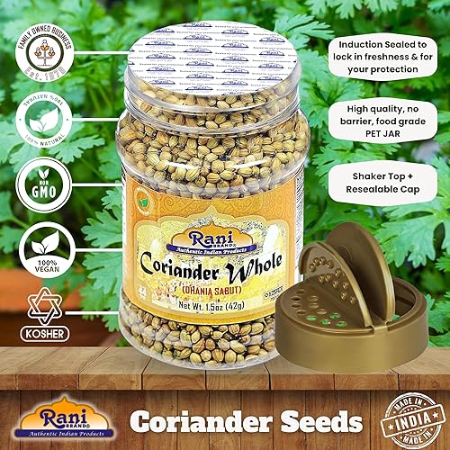 Miniatura 4 de Semillas enteras de cilantro Rani (Dhania), especias indias, tarro PET de 1.5 oz (42 g)  Todo natural  Apto para gluten  Sin OMG  Vegano  Origen