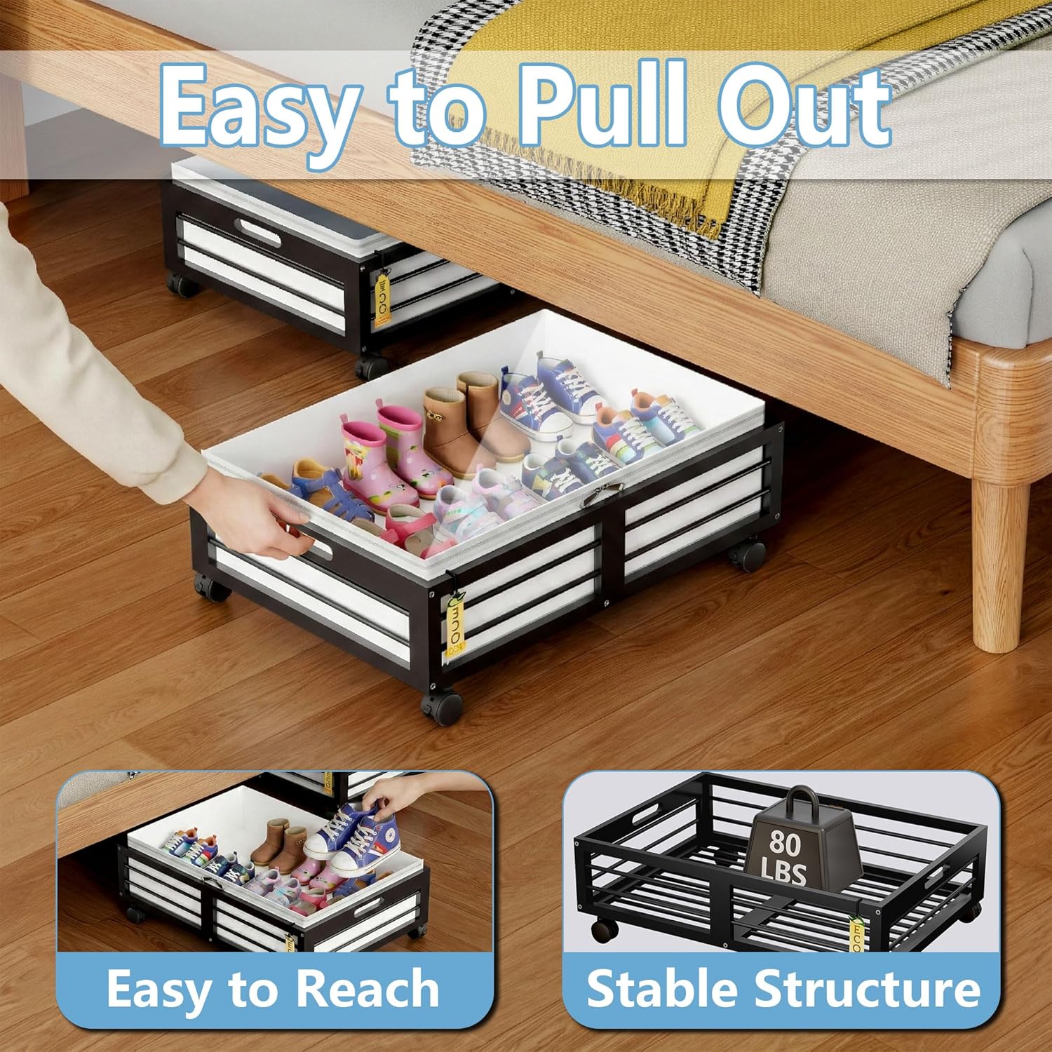 Under Bed Storage Containers with Wheels, Larger Bamboo Wood Under Furniture Storage Containers with Dust Bags，Rolling for Shoes Clothes