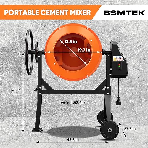Miniatura 3 de Mezclador de cemento BSMTEK de 4.3 pies cúbicos, mezclador de hormigón eléctrico portátil de 3/5HP y 450W con soporte y ruedas para yeso, mortero,