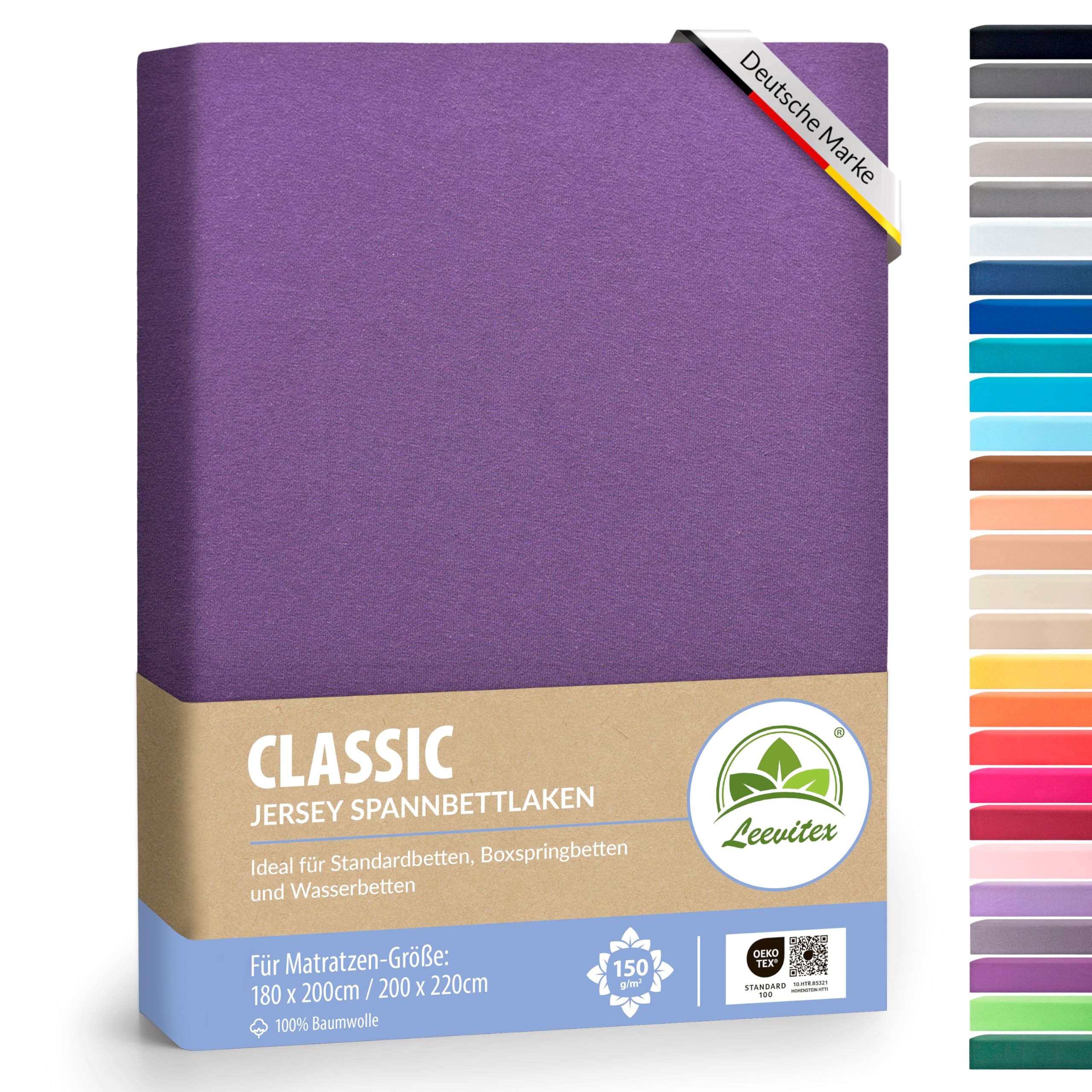leevitex® Premium Wasserbett & Boxspringbett Spannbettlaken | 100% Baumwolle | 150 g/m² | Markenqualität | Ökotex |180 x 200 – 200 x 220 cm - Lila
