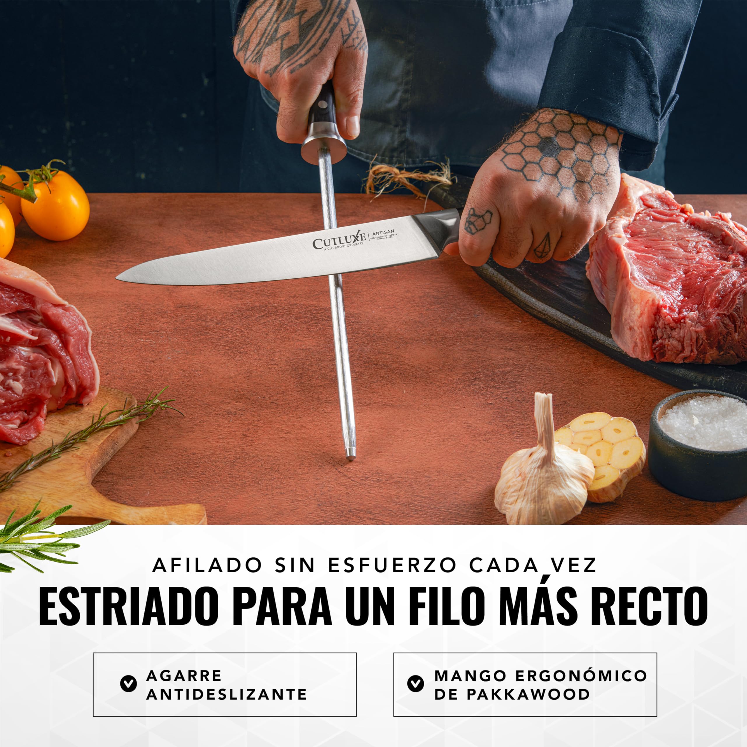 Cutluxe Afilador de Cuchillo de 25cm de Acero Pulido – Diseño de Mango Ergonómicoa – Serie Artesano