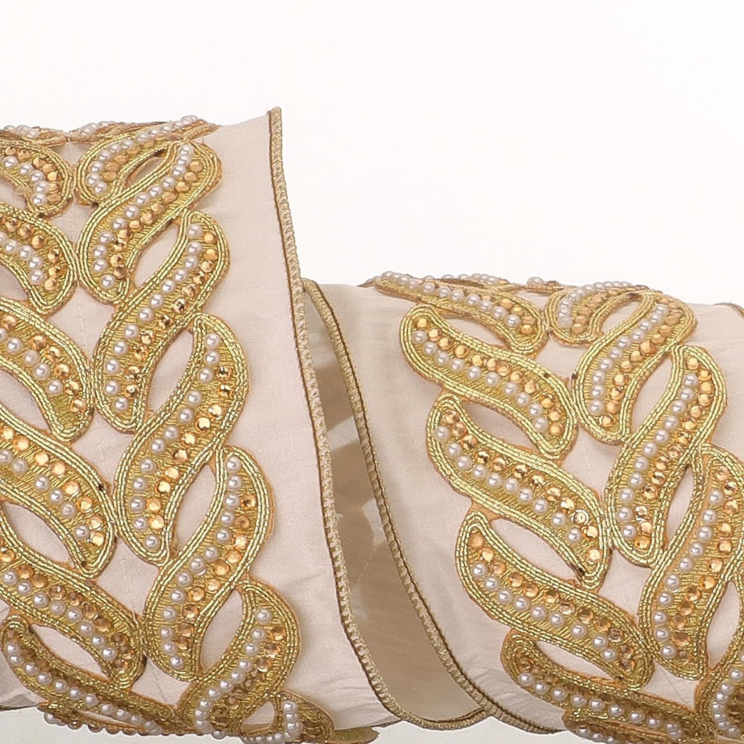 Regency International Jewel Pearl Trim on Dupion Ribbon, 15 Feet Length, Ivory and Gold