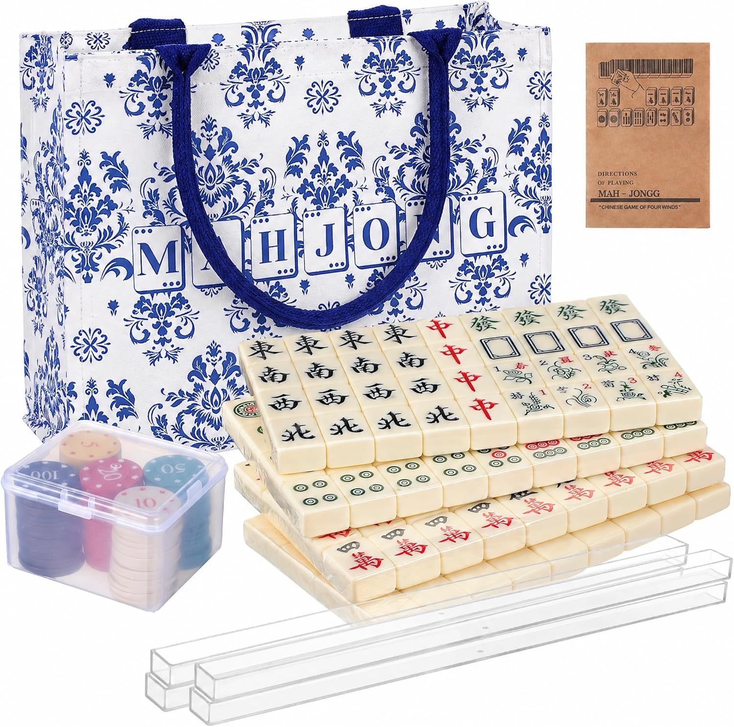 BESTOYARD Chinese Mahjong Tile Set with Carring Bag, 1.2-Inch 144 Tiles All-in-One Chips, Dice and Manual, Traditional Mah-Jongg Board Game for Family Game 4 Pushers