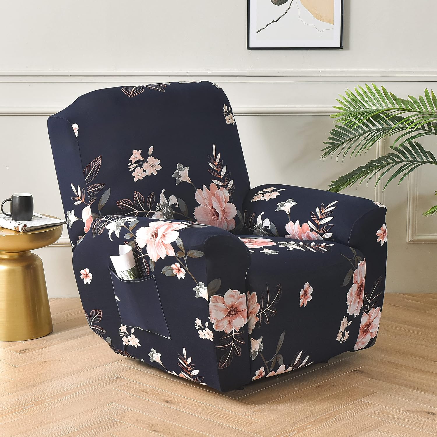 4 Pieces Stretch Recliner Sofa Slipcovers, Print Large Recliner Chair Slipcovers Non Slip Armchair Reclining Furniture Protector Sofa Cover with Pocket (D)