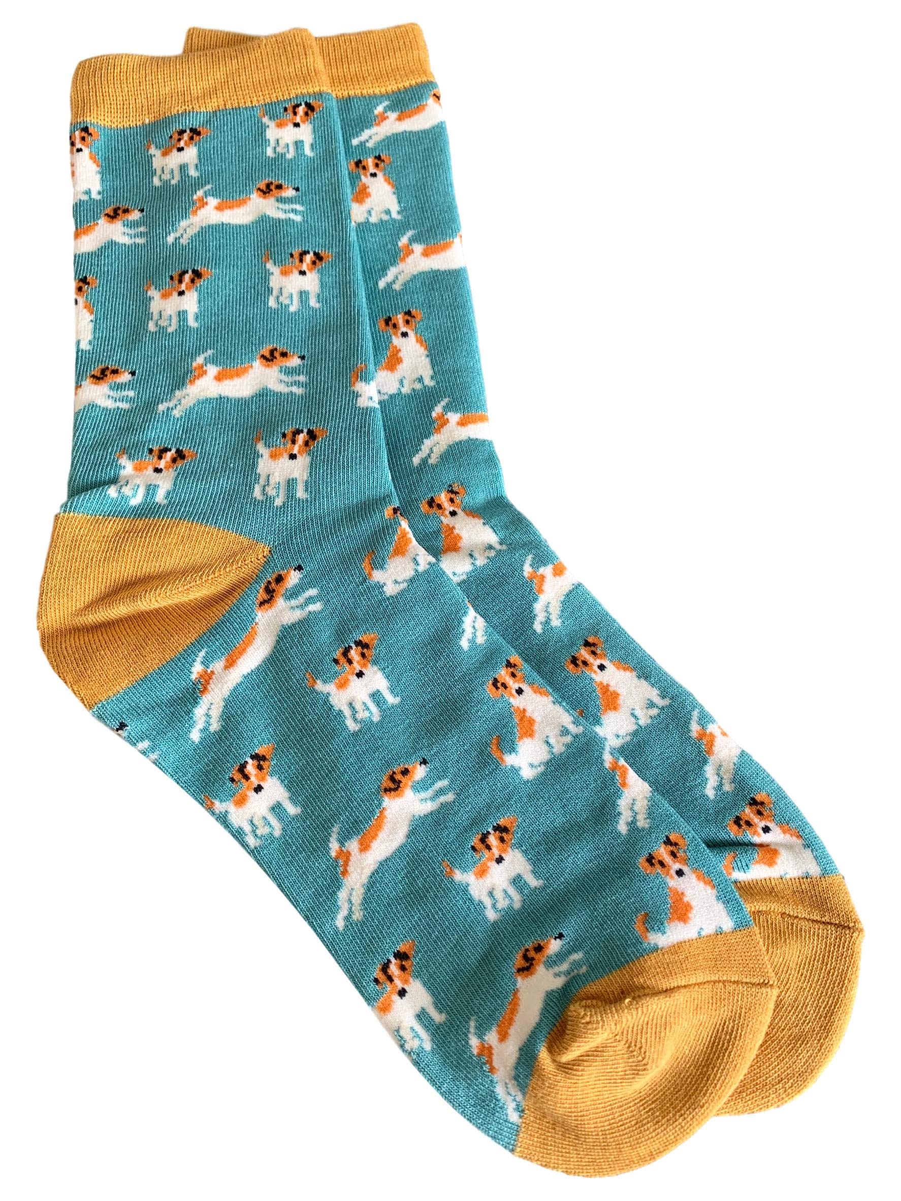 Purple Possum® Socks Jack Russell Dog Print Ladies Green Yellow Soft Bamboo Cotton Blend Dogs Sock Gift Idea One Size