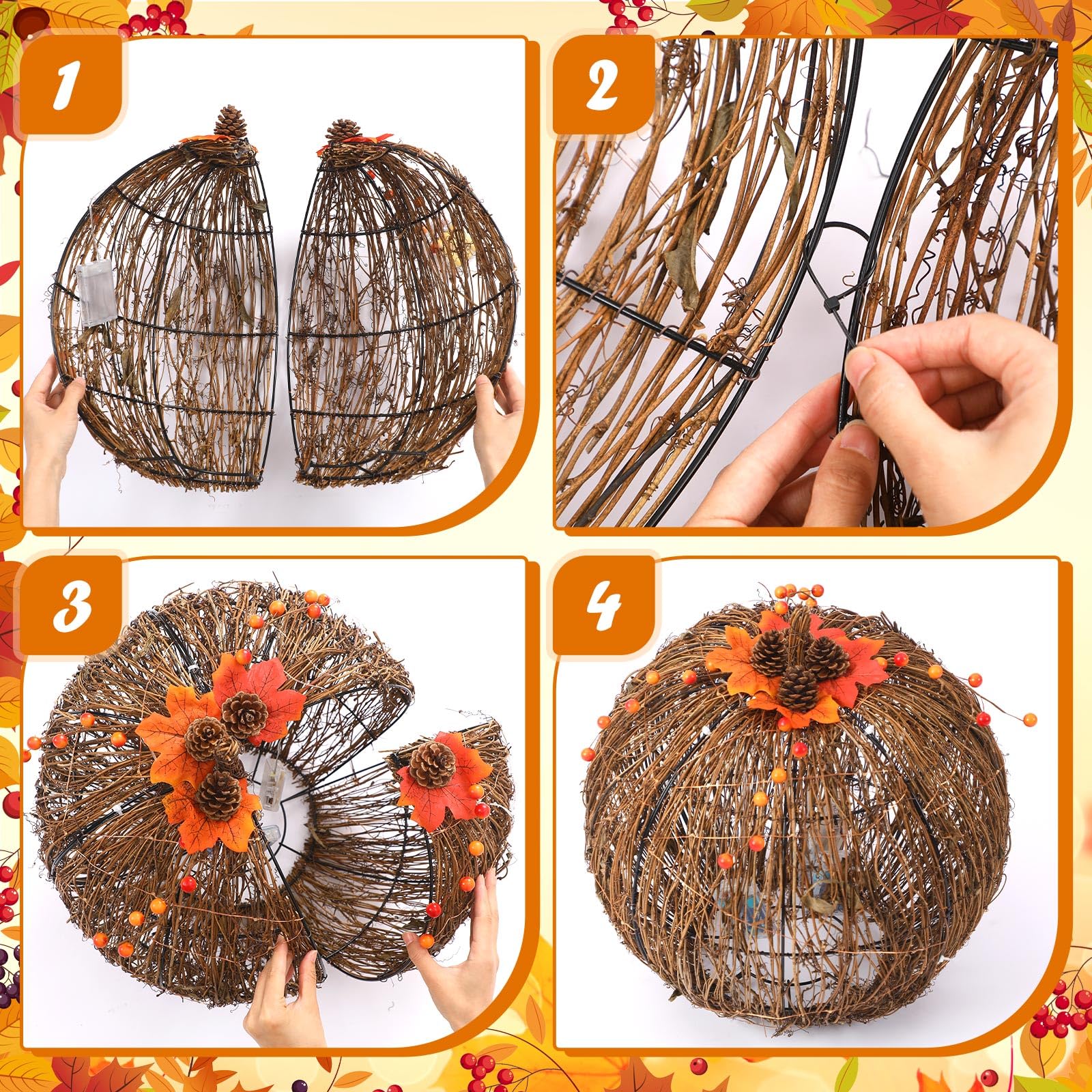 Wonderjune Lot de 2 citrouilles artificielles en rotin - Lanternes en rotin - Éclairage LED - Pour intérieur et extérieur - Décoration d'Halloween - Thanksgiving - Pour porche (marron, 45,7 cm, 52 cm)