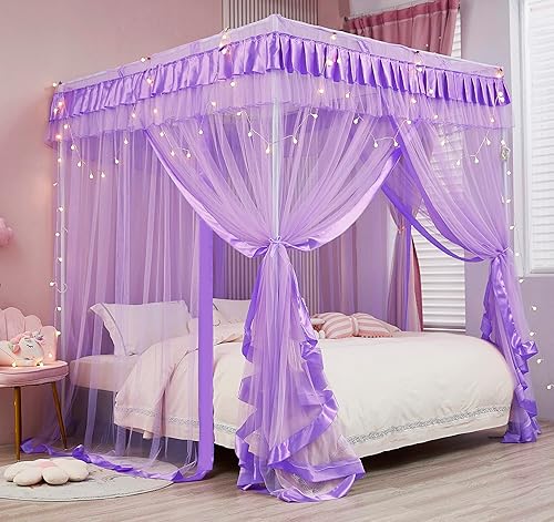Vista 4 de Mengersi Cortinas de cama con dosel tamaño Queen – Cortinas de dosel de cama – Toldo de 4 aperturas para cama – Lindo regalo de decoración de Morado
