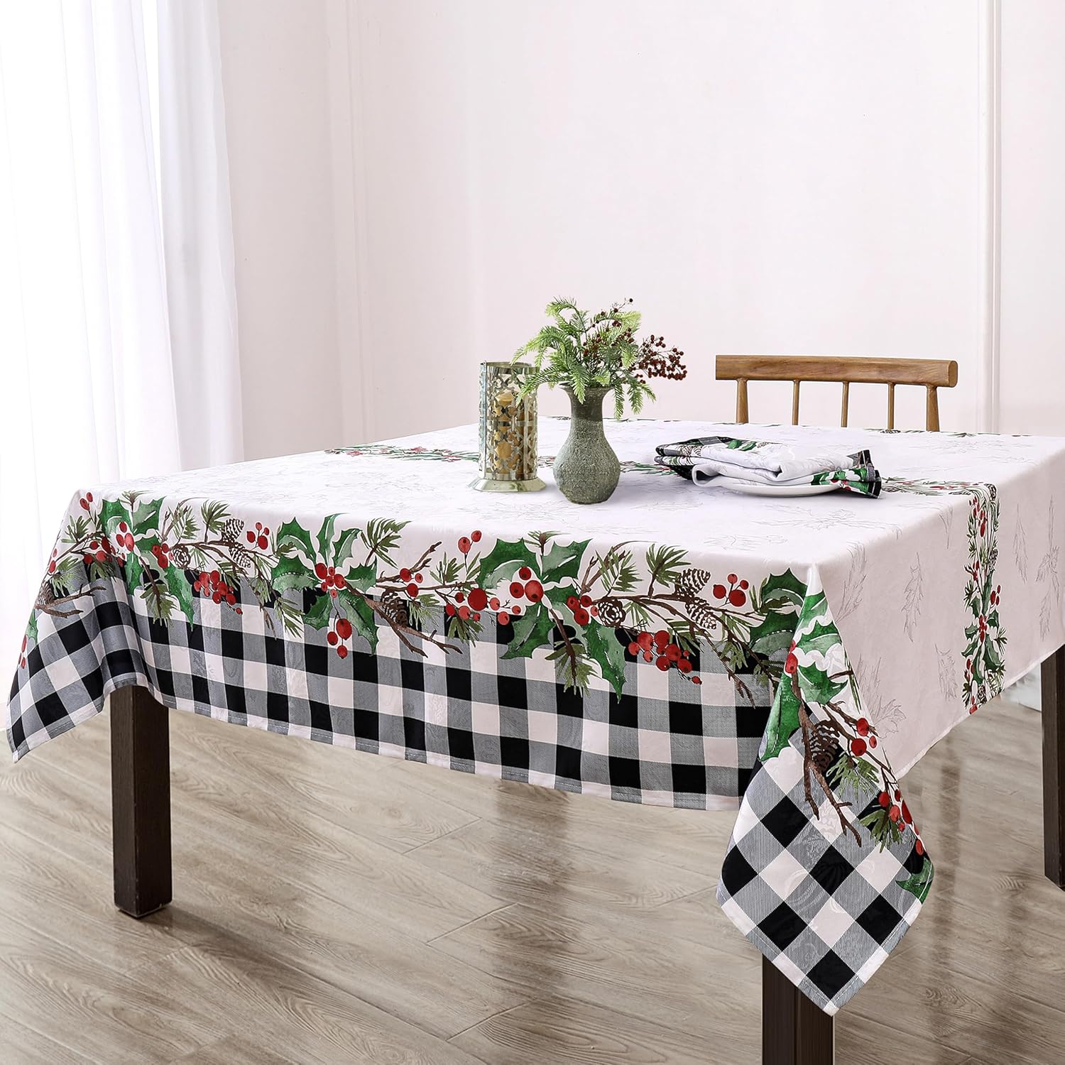 Elrene Home Fashions Holly Farmhouse Charm Buffalo Check Holiday/Christmas Fabric Wrinkle Resistant Rectangle Dining Tablecloth, 60"x120"